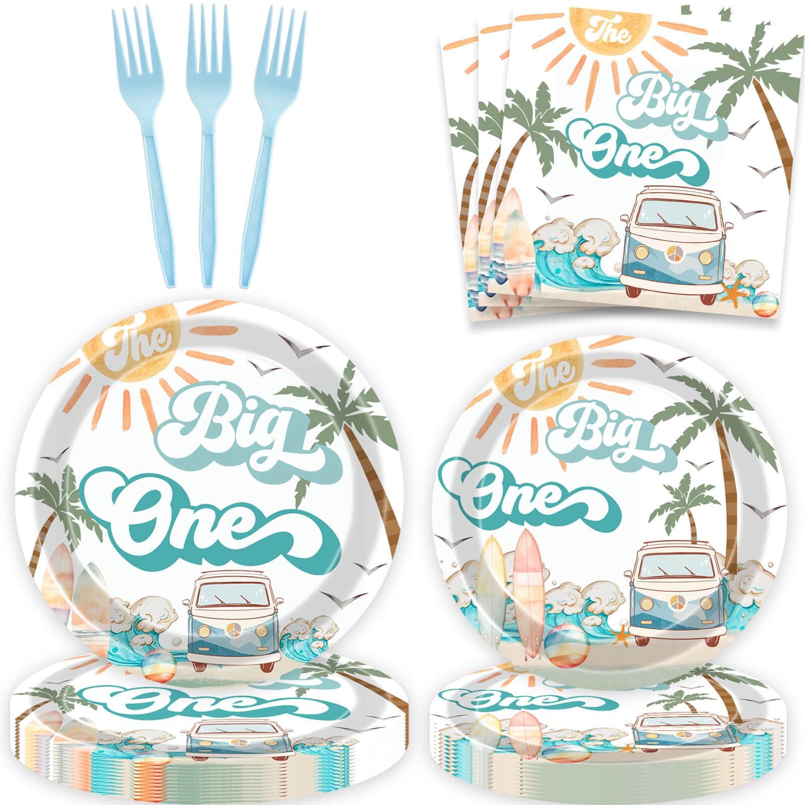 80 Pcs Summer Beach The Big One Tableware Boy Surfing 1st Birthday Paper Dinner Plates Napkins Forks Dinnerware for Surf Board Sun Retro Van Wave