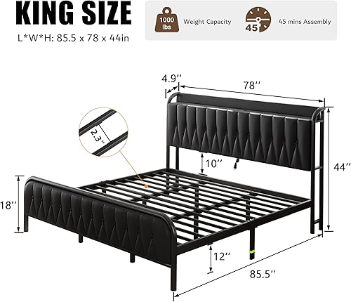 Miniatura 33 de iPormis Base de cama de plataforma de metal tamaño King con estación de carga, cabecera tapizada y estribo, soporte de acero resistente, Gris