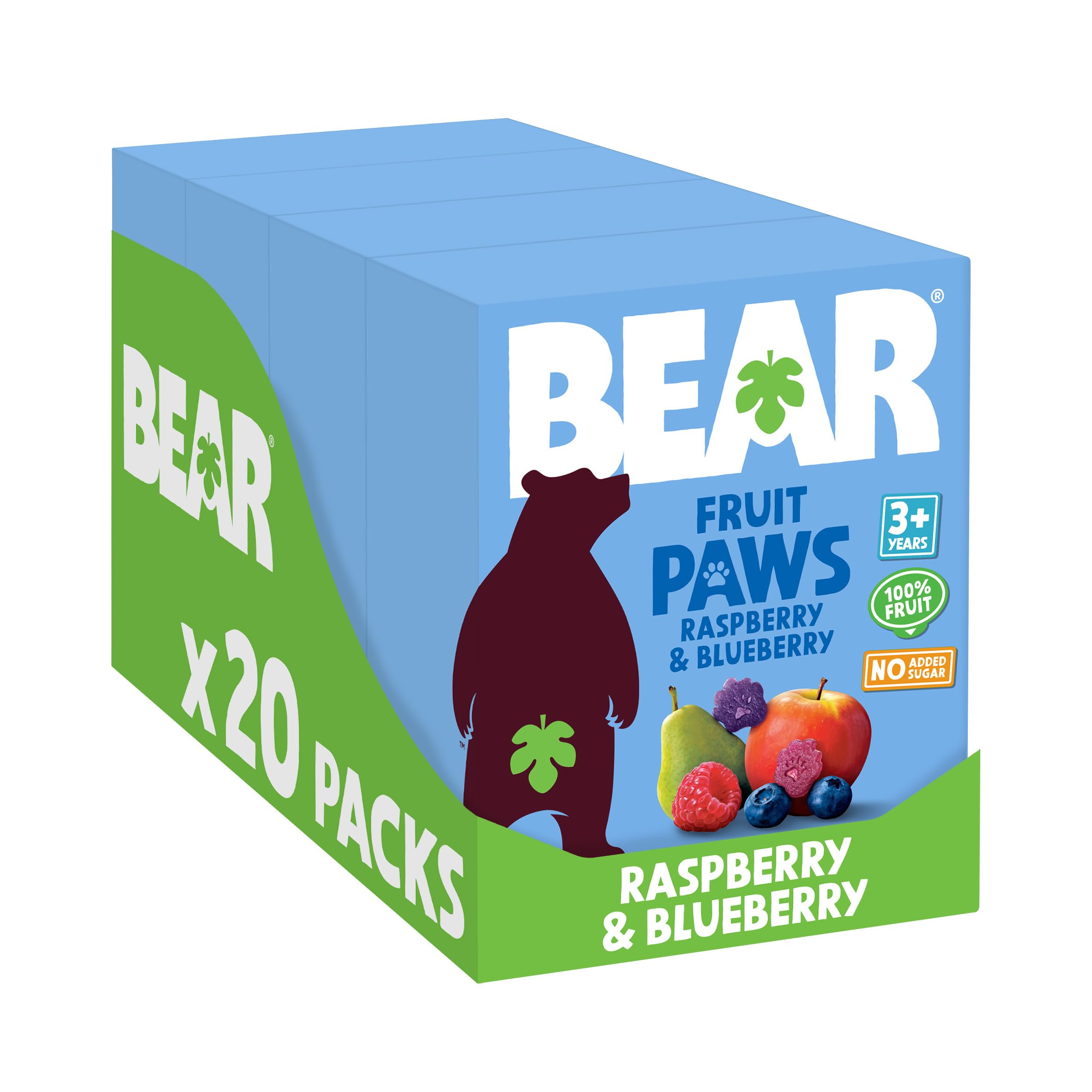 BEAR Raspberry & Blueberry Paws - Delicious Real Fruit - Suitable for 2+ years - Healthy - 20g - 4 x 5 Packs (Pack of 20)
