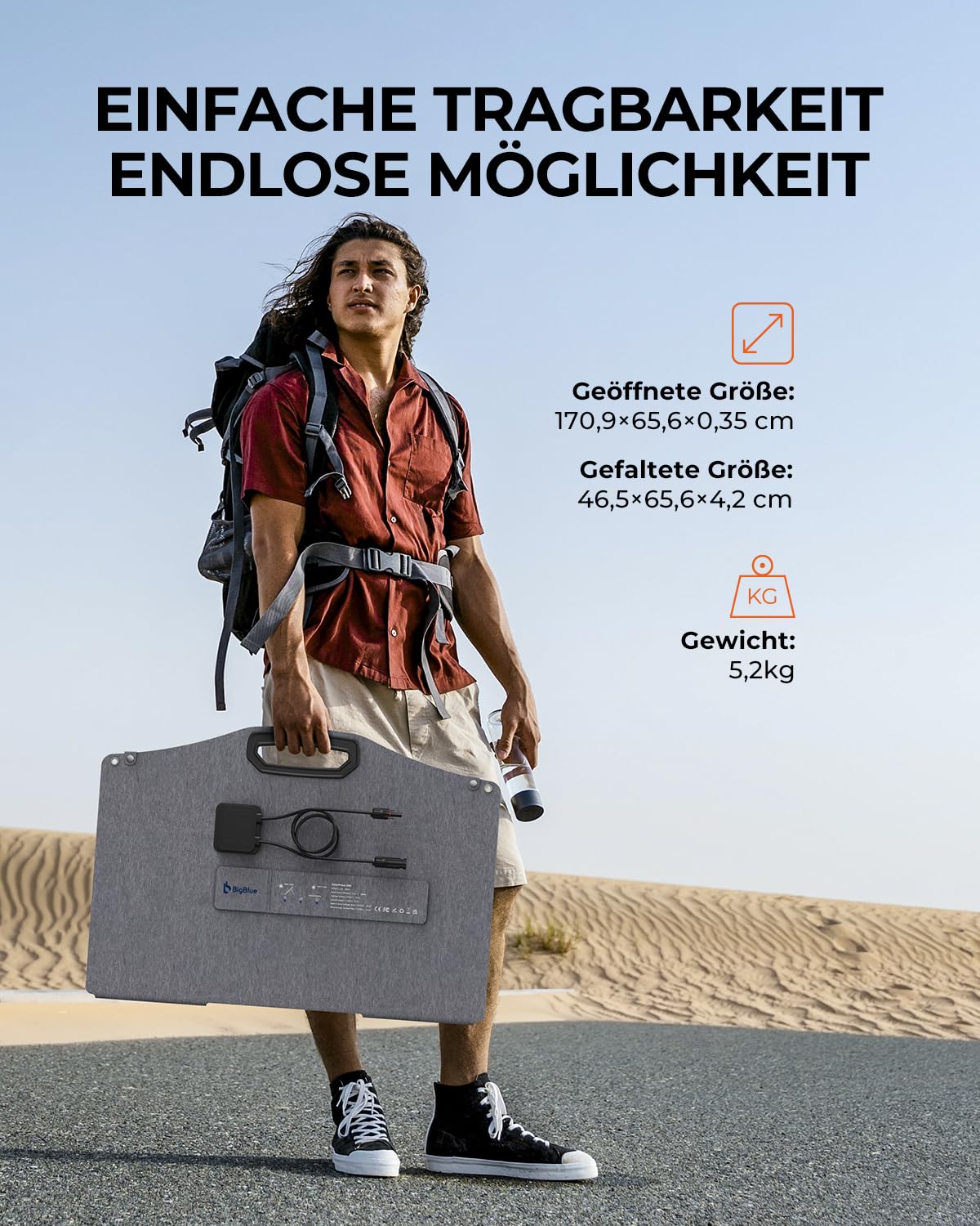 [N-Type Solarzelle] BigBlue 200W Solarpanel ETFE, Faltbares Solarmodul mit 5 Anschlussart für Tragbare Powerstation und Batterie, IP68 Solarladegerät für Camping Garten Balkon Wohnwagen