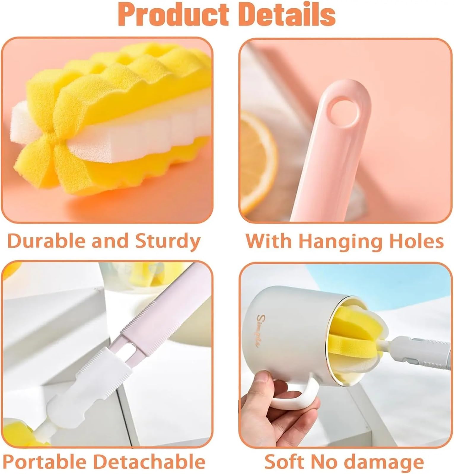 Scovolino per Bottiglie Spazzola for bottiglie da 4 pezzi con manico lungo in spugna for detergente for tazze portatile staccabile for lavare i piatti in cucina