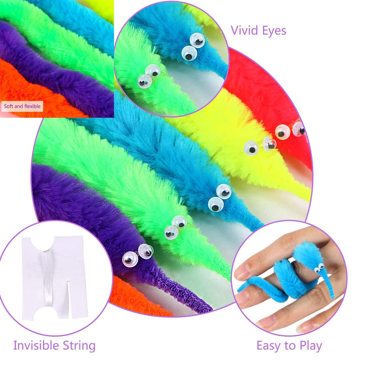 Magic 24 piezas de juguetes de gusano peludo, gusano de cuerda para mascotas, gusanos peludos en cuerda, juguete de truco, regalos de fiesta para niños y gatos (4 colores) 4