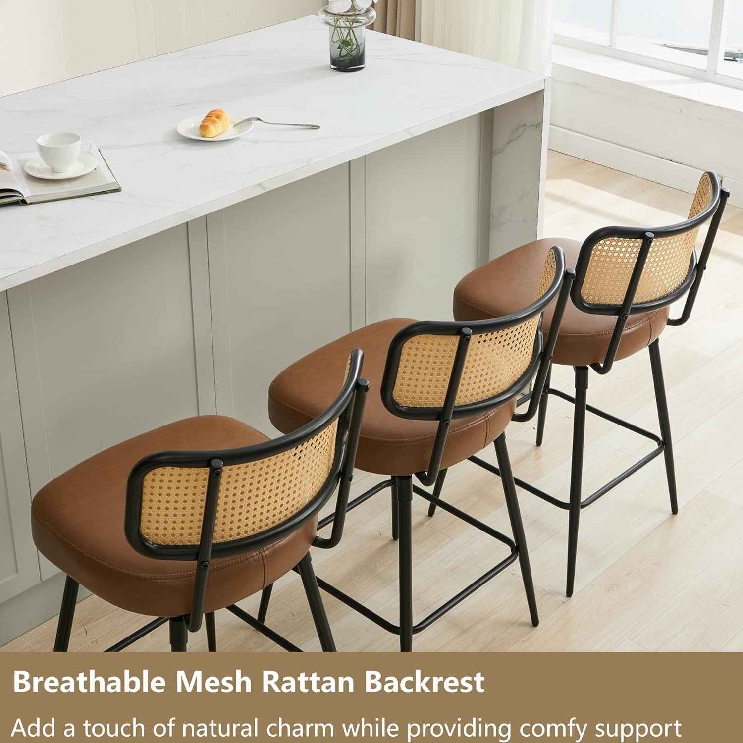 Rattan Bar Stools Set of 3, Swivel Counter Height Bar Stools with Rattan Back and Metal Legs, Modern Upholstered Faux Leather Barstools for Kitchen Counter,Home Bar, Brown