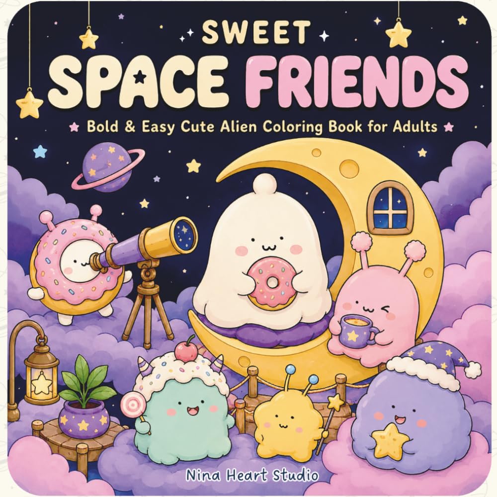 SWEET SPACE FRIENDS: Bold and Easy Cute Alien Coloring Book for Adults with Simple Kawaii Space Designs for Relaxation