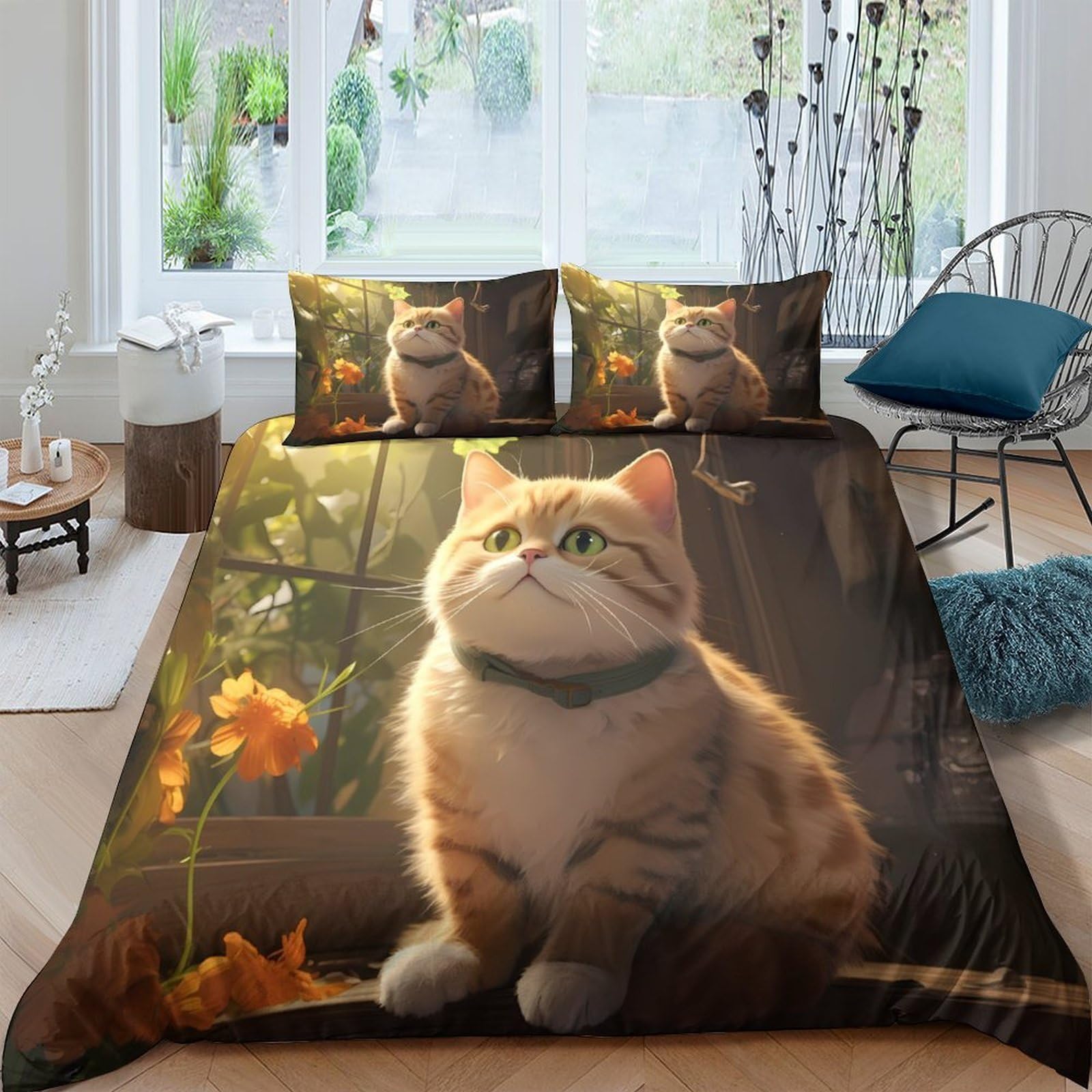 GPLZQXKJNH 3D Printed Cat Portrait Duvet Cover Set Microfiber Soft Breathable Kitten Bedding Set with 2 Pillowcases for Bedroom Decor Single（135x200cm）