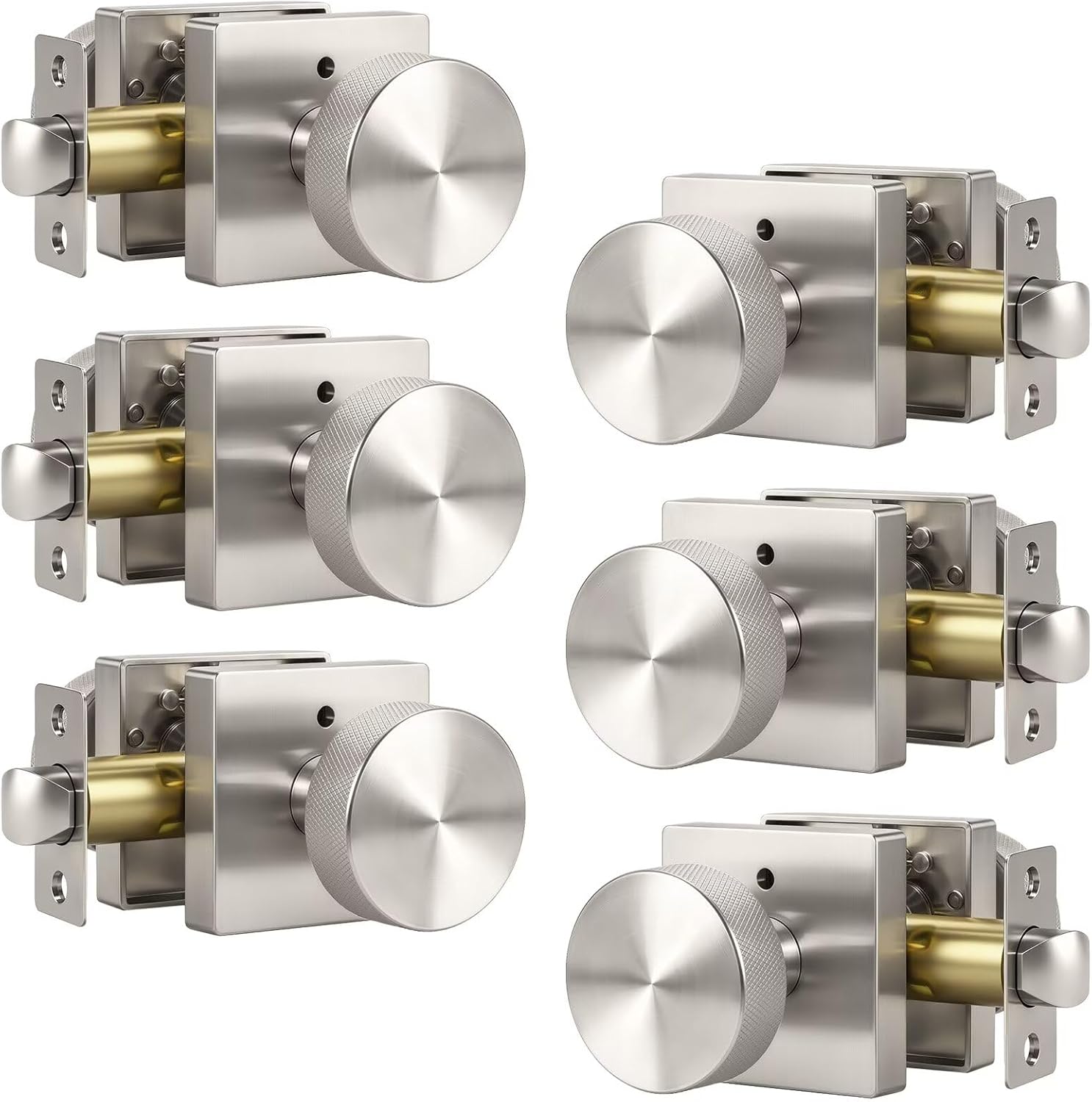 Knobonly 6 Pack Satin Nickel Door Knobs for Bedroom and Bathroom, Privacy Door knobs Interior with Lock, Square Door Knobs Silver Door Handles Zinc Alloy