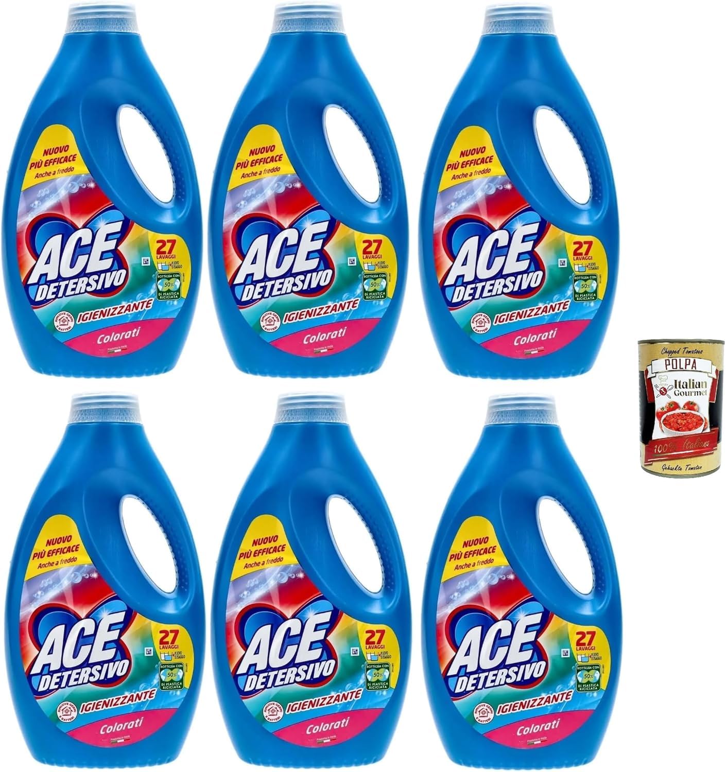 Italian Gourmet ACE Lot 6 x 1350 ml Lessive Liquide Hygiène Couleurs – 8,1 L Grand Format, Jusqu’à 162 Lavages (selon dosage), Efficace Même à Froid, Anti-Odeurs + Italian Gourmet Polpa