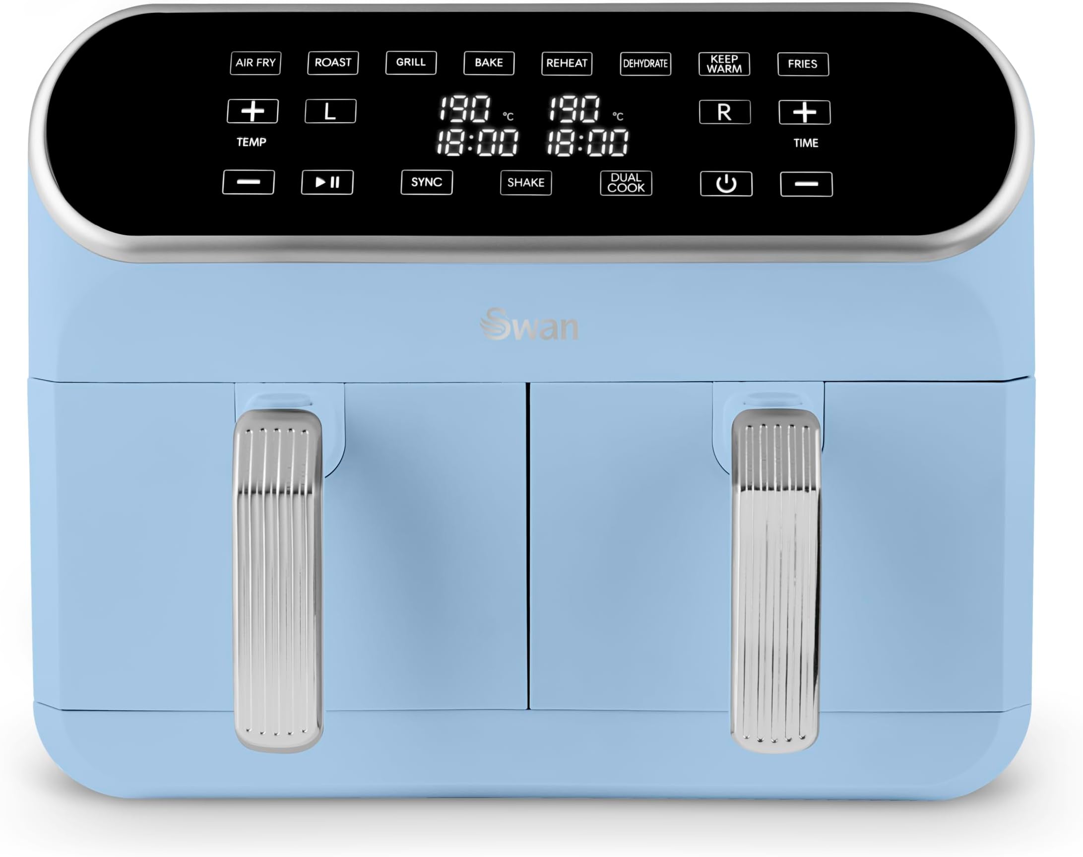 Swan SD10519BLU Retro Dual Basket Air Fryer with Swan Cyclone Technology, LED Display, 8 Pre-Set Cooking Options, Adjustable Temperature, 8L, 1700W, Blue