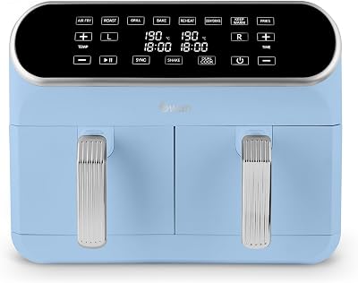Swan SD10519BLU Retro Dual Basket Air Fryer with Swan Cyclone Technology, LED Display, 8 Pre-Set Cooking Options, Adjustable Temperature, 8L, 1700W, Blue