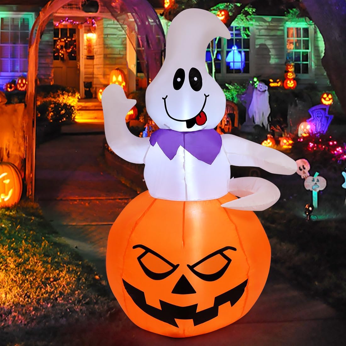 GOOSH 5 FT Halloween Inflatables Ghost Outdoor Decorations Blow Up Yard Cute Ghost Grow Out from The Pumpkin with Built-in LEDs for Indoor Party Garden Lawn Decor