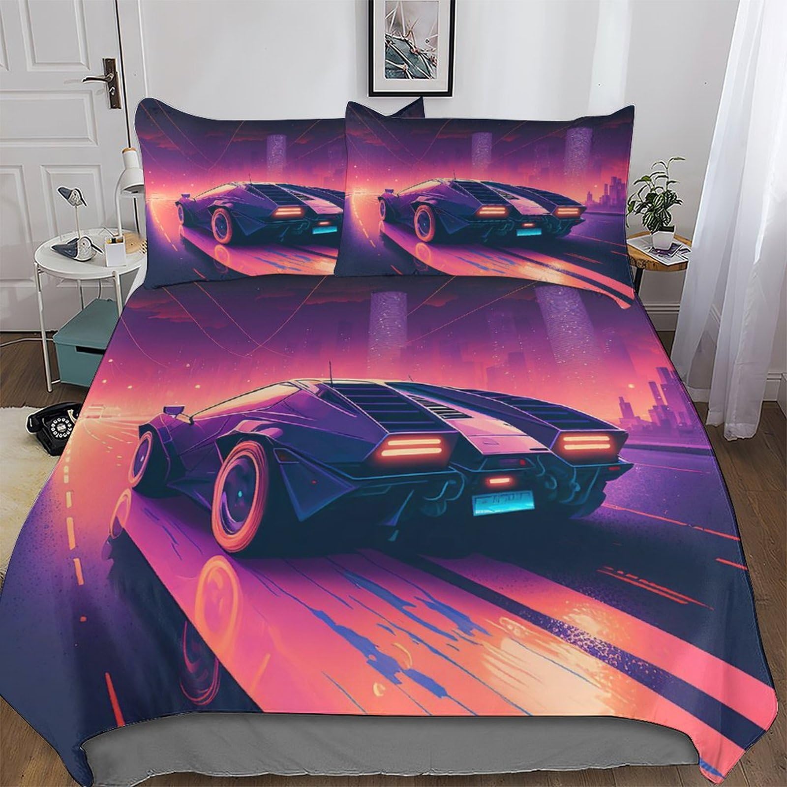 Parure de lit voiture au néon avec housse de couette double 200x200cm et taies