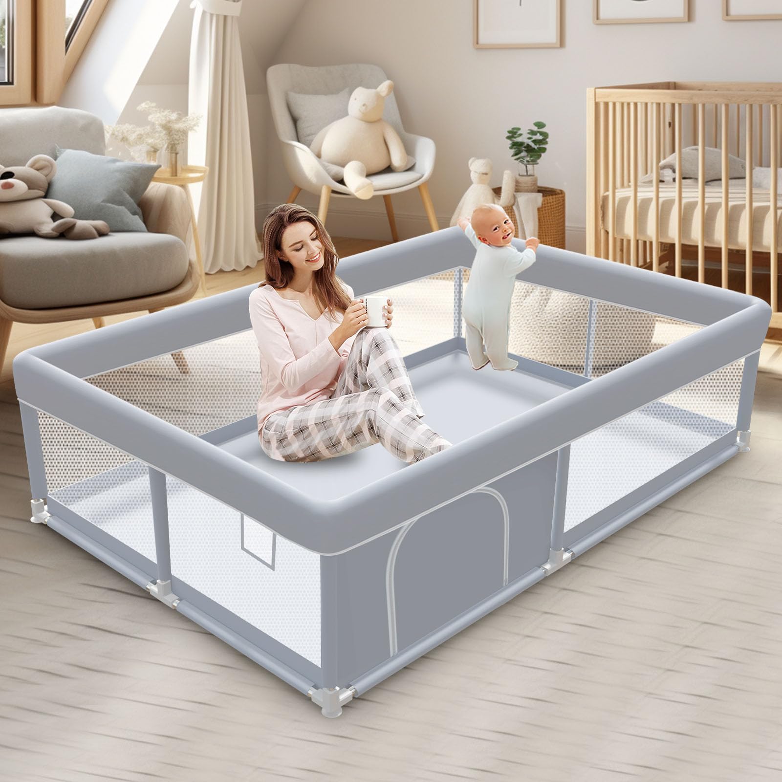 Baby Playpen 65 x 50 Inch Play Pen Playards, Playpen for Babies and Toddlers, Baby Playard for Indoor & Outdoor Active Center Game Fence, with Skin-Friendly Fabric and Soft Breathable Mesh Grey