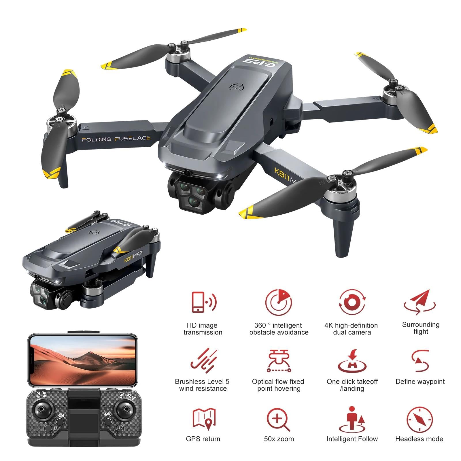 Dron k811 MAX 5g Profesional para fotografía aérea 4k HD con Doble cámara omnidireccional y Sistema de evitación de obstáculos, con Pantalla de Juguete.,Single Battery