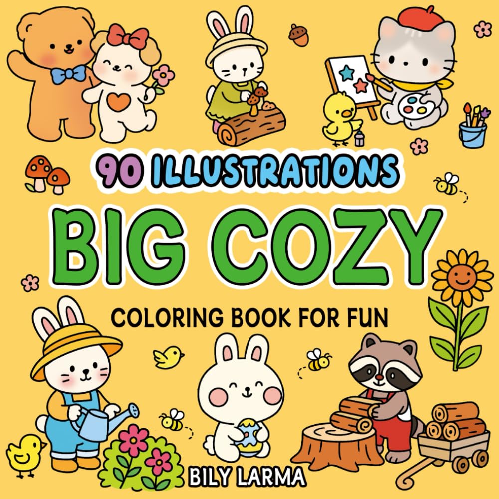 Big Cozy Coloring Book for Fun: 90 Adorable Animals & Gardens - Bold & Easy Joyful Scenes for Kids & Beginners