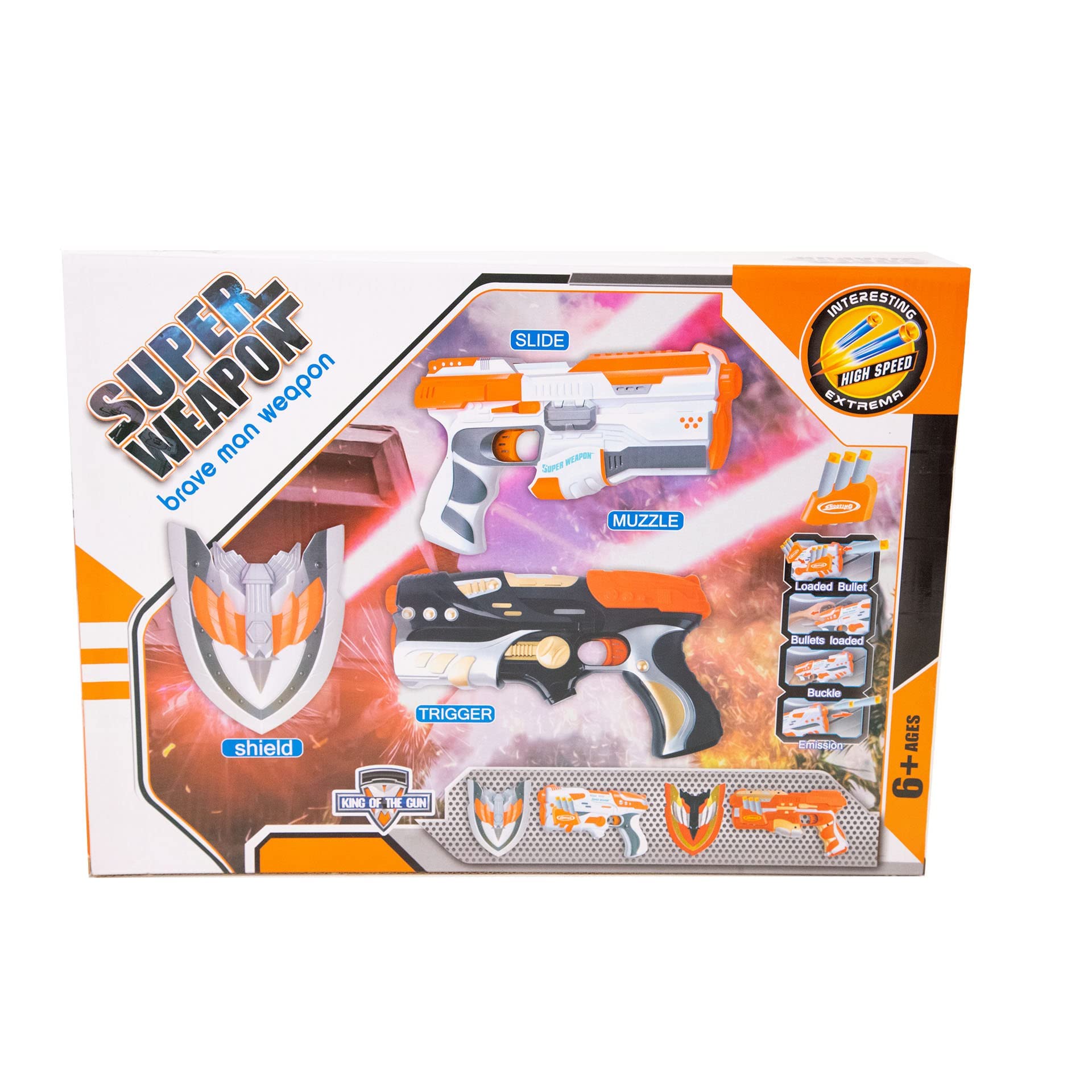 Super Weapon Game; Nerf Elite; Soft Bullet Gun with sheild; Shooting battle game set; 6 darts; Orange & white