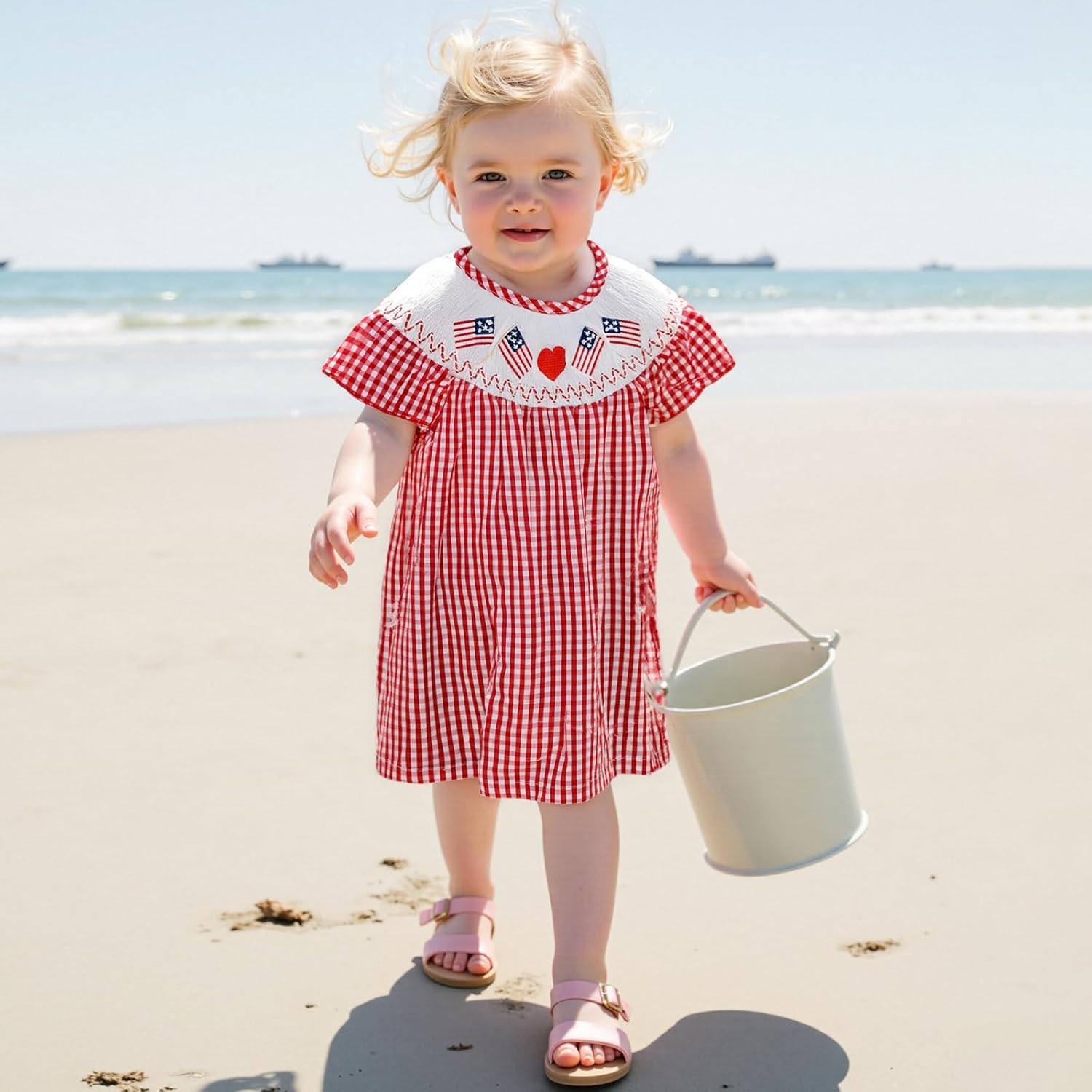 Toddler Baby Girl 4th of July Dress US Flag Plaid Short Sleeve Smocked Dresses Fourth of July Outfit for Girls - Image 2