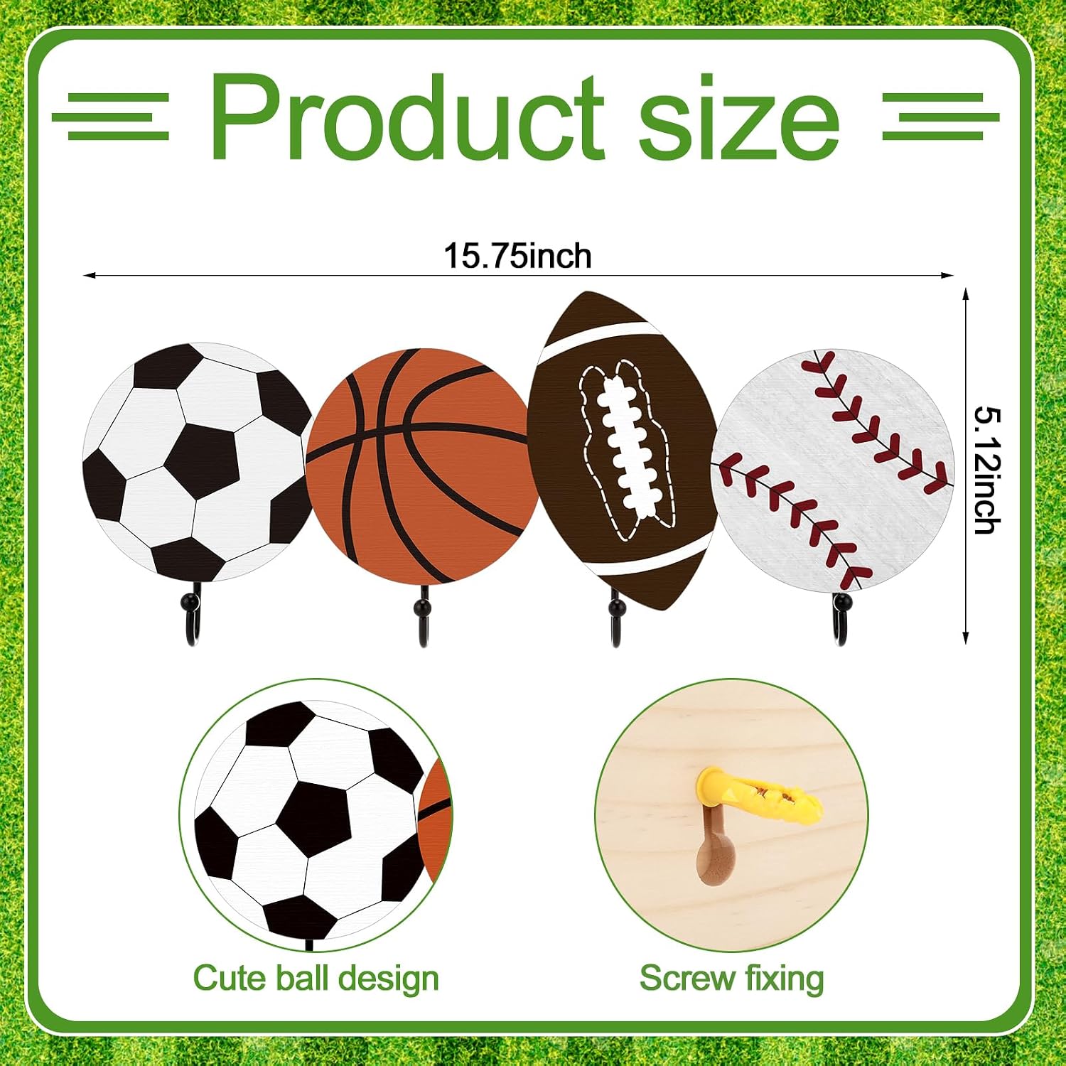 Marsui Sports Coat Rack with 4 Hooks Baseball Football Soccer Basketball Wall Hooks Storage Metal Hanger Wall Mounted Sports Decor for Home Entryway Key Towel Bags Cup Hat(Classic Color,Wood) image 2