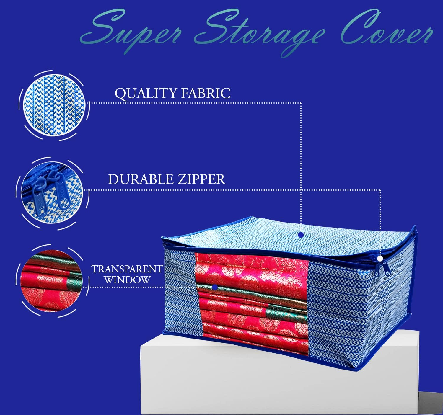 ANKIT INTERNATIONAL Saree Cover Storage Bags Pack of 03 – Non Woven Foldable Clothes Storage Organizer with Zipper & Clear Window, Wardrobe Garment Storage for Sarees, Dresses (Blue)
