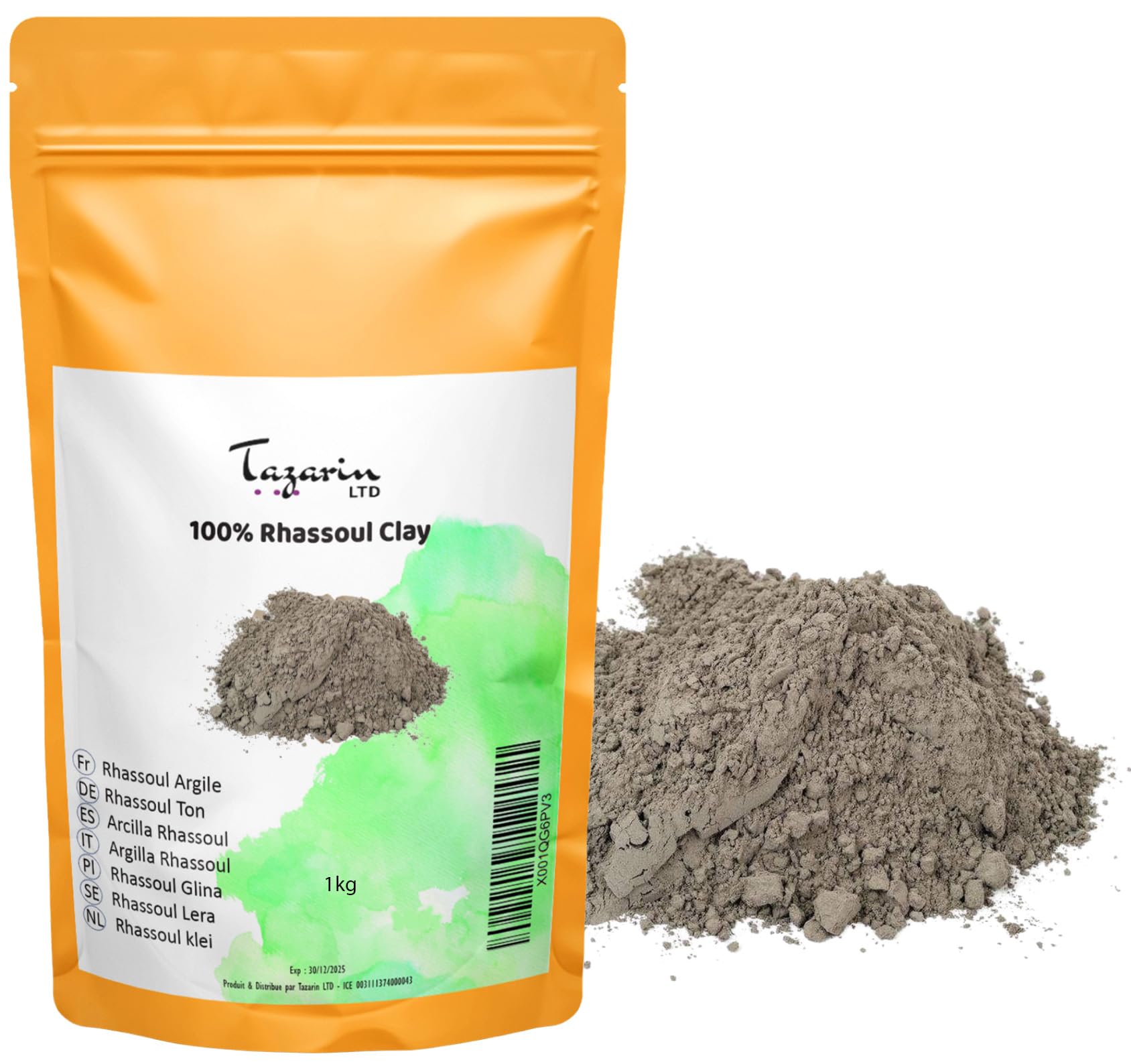 1kg Lavaerde Pulver, Ghassoul, Tonerde für Haut, Haar & Körperpflege, Mineralerde, auch für Masken & Peelings, Ohne Tenside, Natürlich & Vegan - Tazarin Ltd