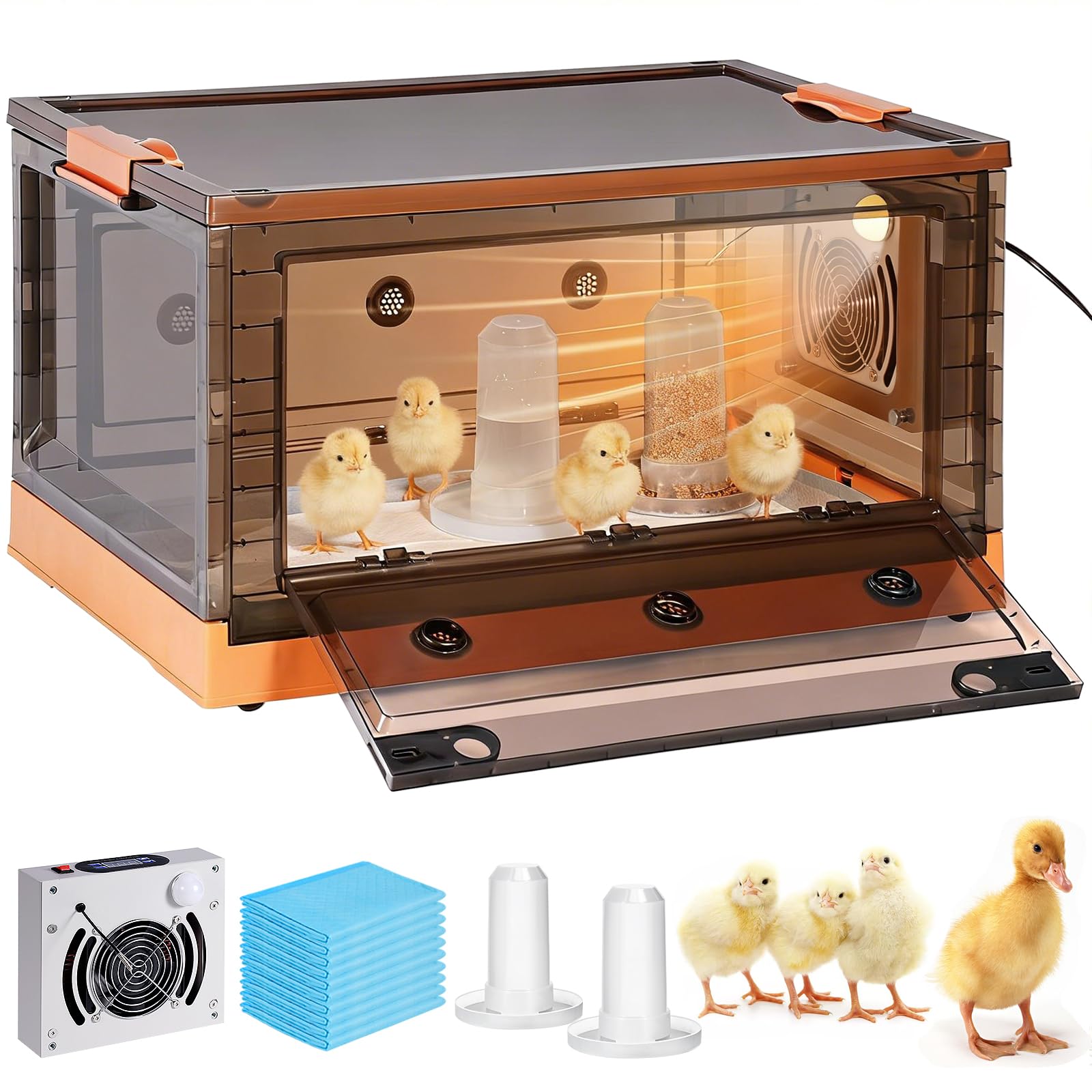 Caja de cría de pollos de 88 litros para pollitos, 32-107.6 °C de temperatura ajustable, calentador de pollitos para 20 patos, codorniz con comedero y calentador de agua, para interiores para