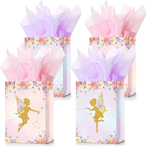 Nezyo 16 bolsas de recuerdo de fiesta de hadas florales con papel de seda, bolsas de golosinas de hadas con temática de primavera, decoraciones de