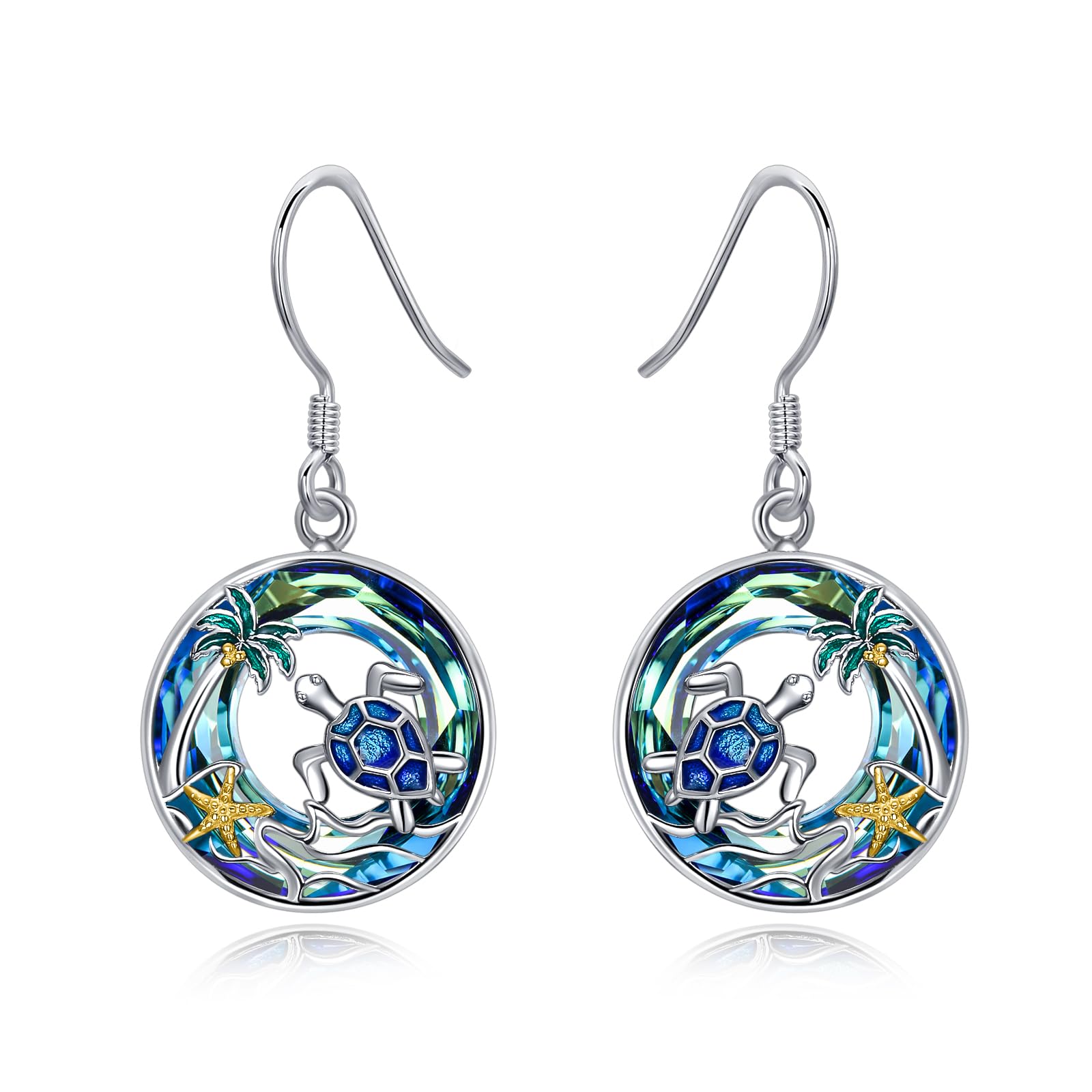 TOUPOP Sea Turtle Dolphin Seahorse Earrings 925 Sterling Silver Tropical Palm Tree Earrings Blue Crystal Ocean Jewelry Birthday