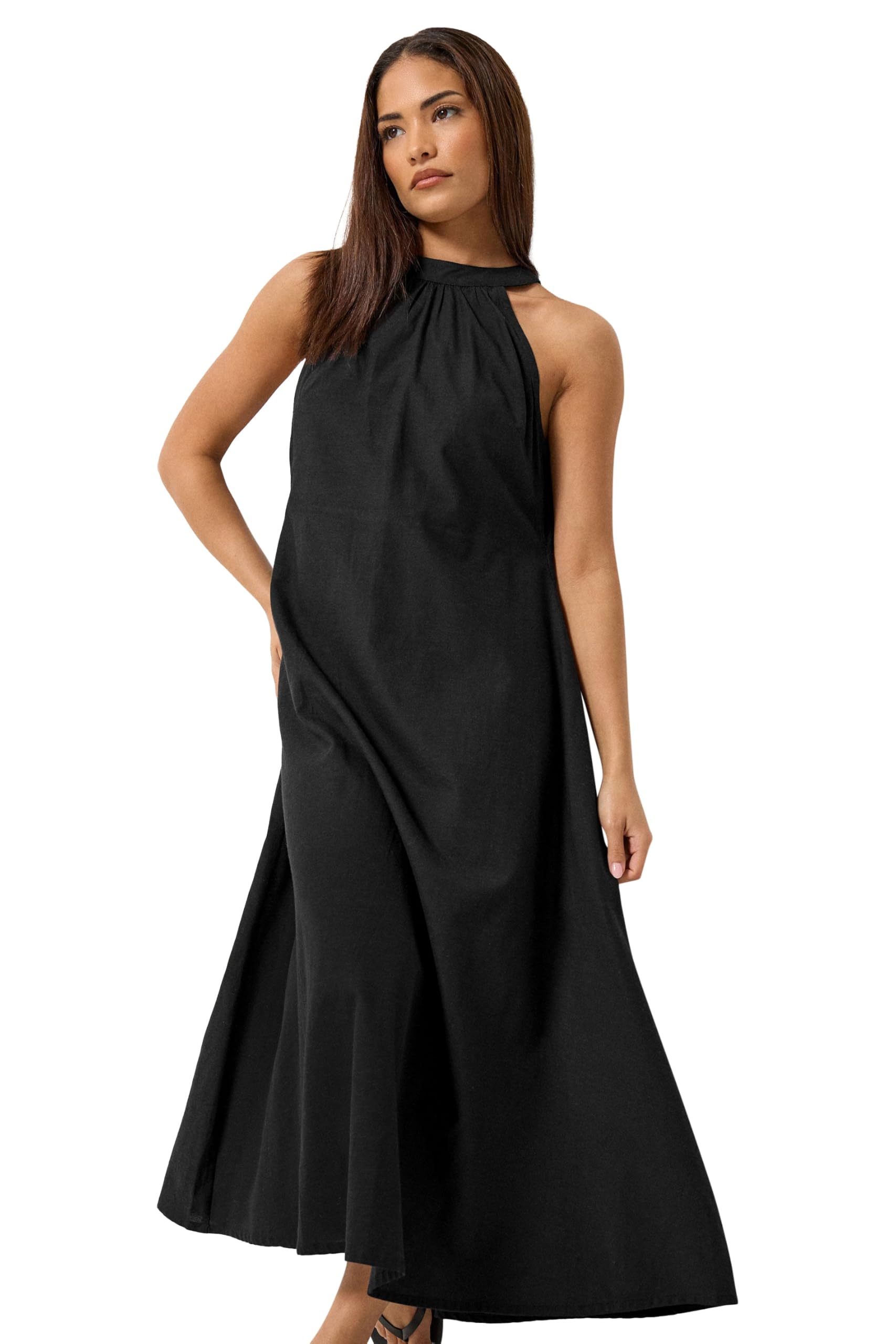 Pixiegirl Women's Black Petite Linen Halter Neck Maxi Dress Size 14