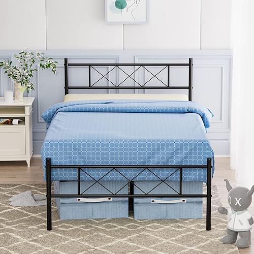 Symylife Base de cama de metal, tamaño individual con cabecero, para colchón de 38.5 x 74.5 pulgadas, plataforma individual, marco de metal, no