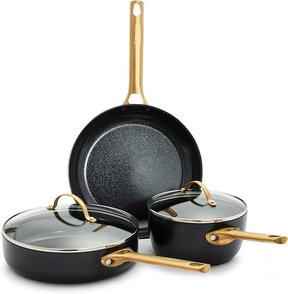 GreenPan Reserve Hard Anodized Healthy Ceramic Nonstick Cookware Pots and Pans Set, Gold Handle, PFAS-Free, Dishwasher S