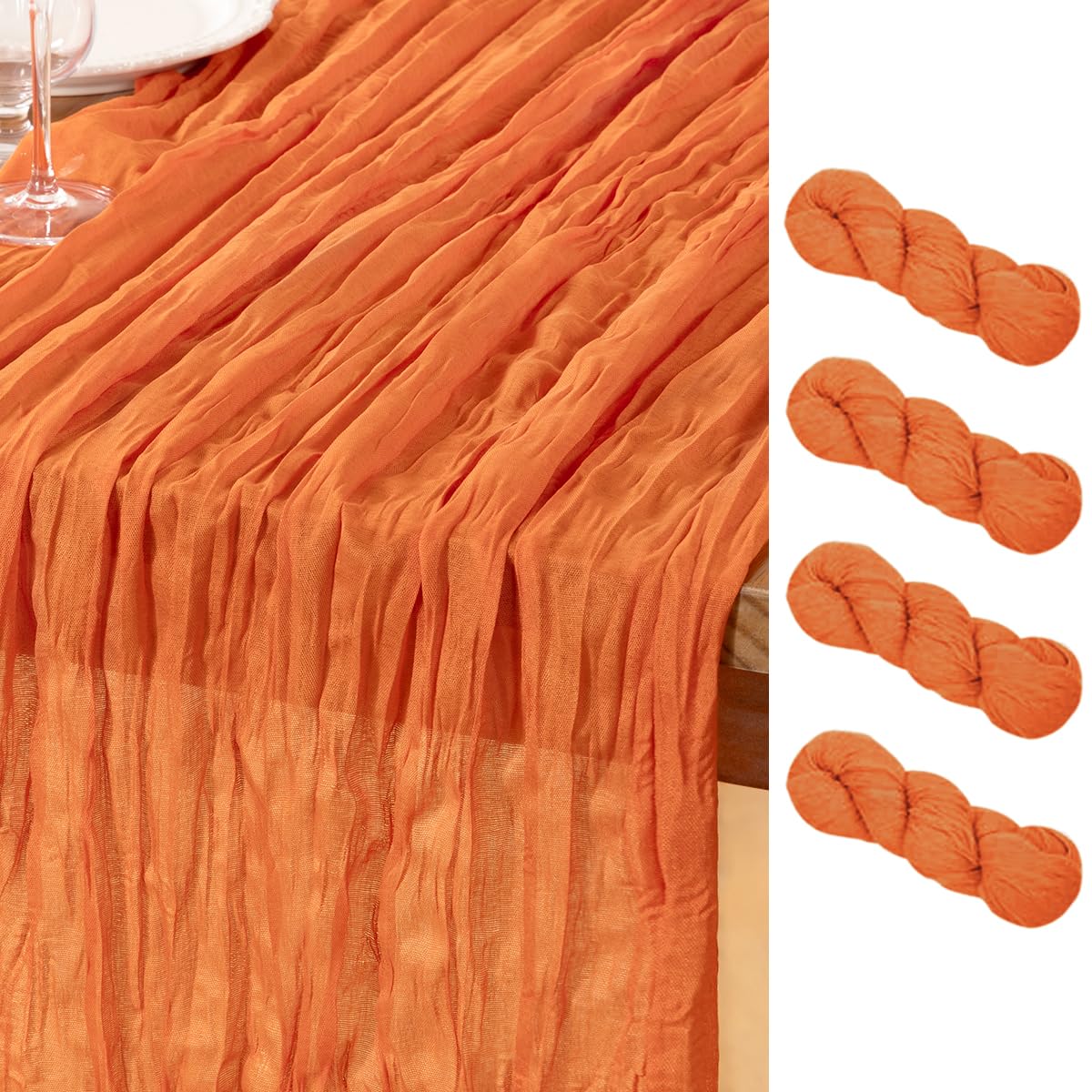 DeZerlor Orange Cheesecloth Table Runner 4 Pack Halloween Orange Table Runners Boho Gauze 120 Inches Cheese Cloth Fall Table Decorations for Thanksgiving Weddings Bridal Baby Shower Party Decor โ image 1