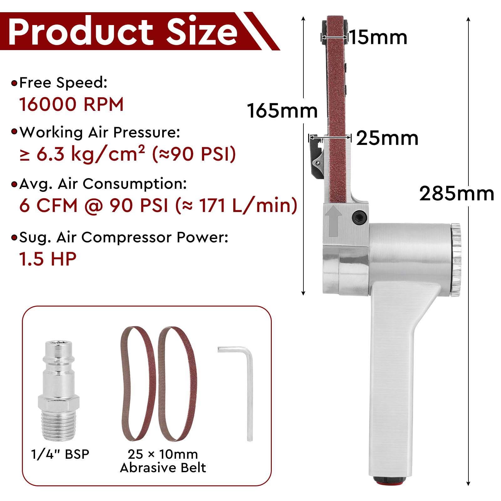 EFUTURETIME Levigatrice a Nastro Pneumatica 16000 Giri/Min, 33cm Smerigliatrice a Nastro Portatile di Angolo Regolabile con 25 Nastri Abrasivi 10mm (G60 x 7, G80 x 6, G100 x 6, G120 x 6)