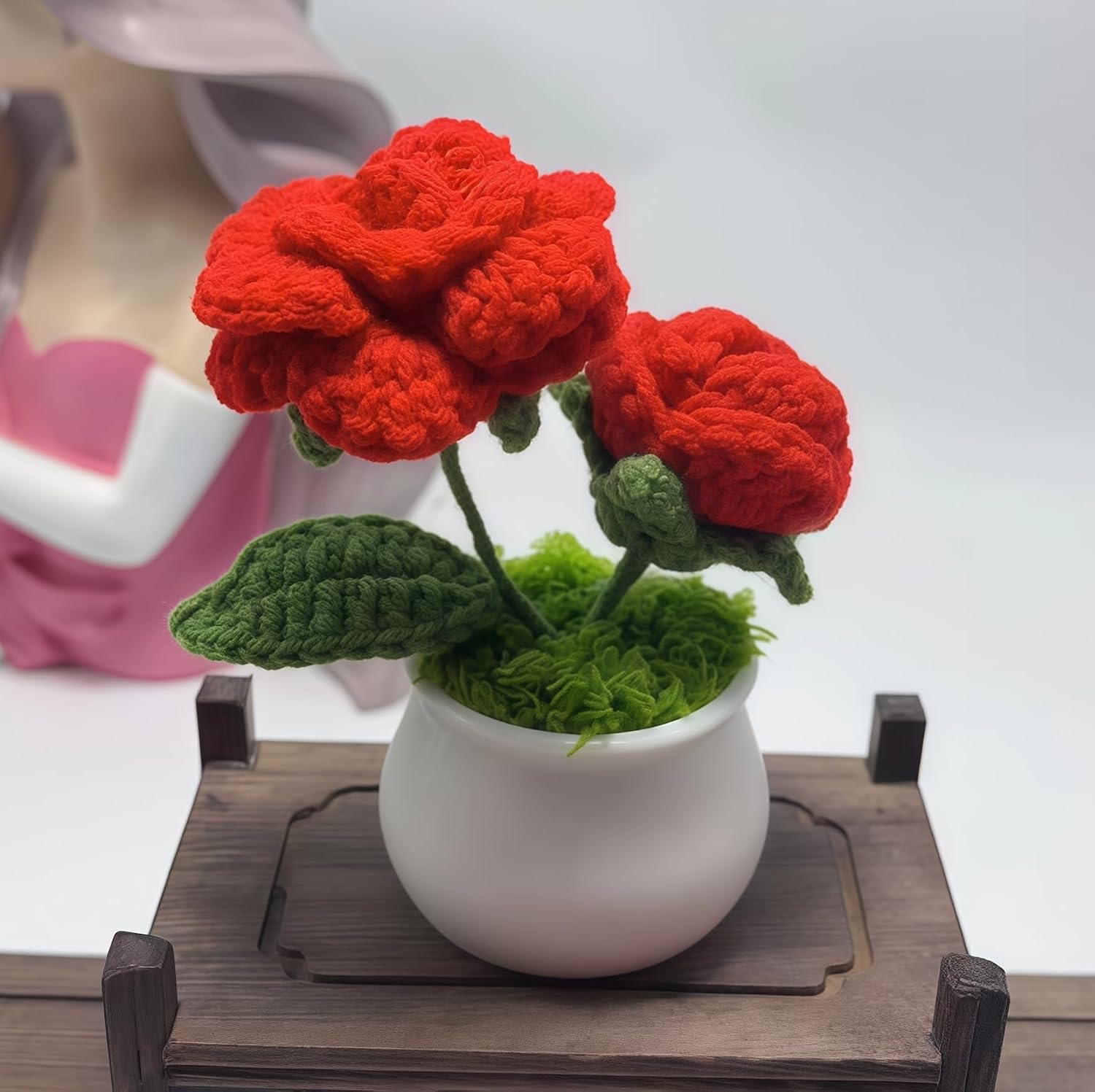 Handcrafted Mini Potted - Hand-Knitted Artificial Crochet Potted Flowers for Office Desk, Car Dashboard & Home Table - Tiny Faux Plant Gift, No Maintenance (Red) image 4