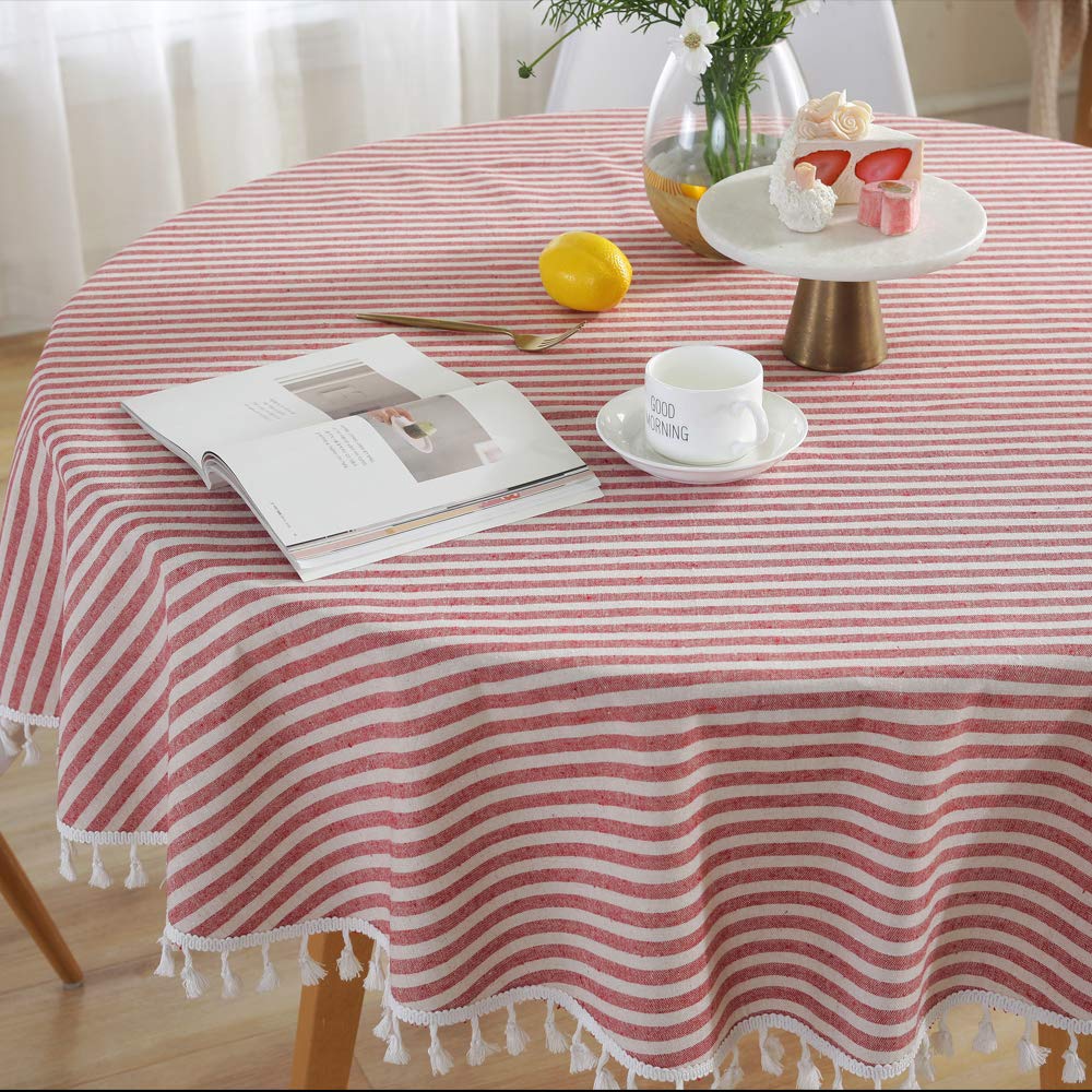 Plenmor Round Tablecloth Stripes Cotton Circular Table Cloth with Tassels for Round Table Round Table Cover for Coffee Picnic Outdoor (Round, 180cm, Red)