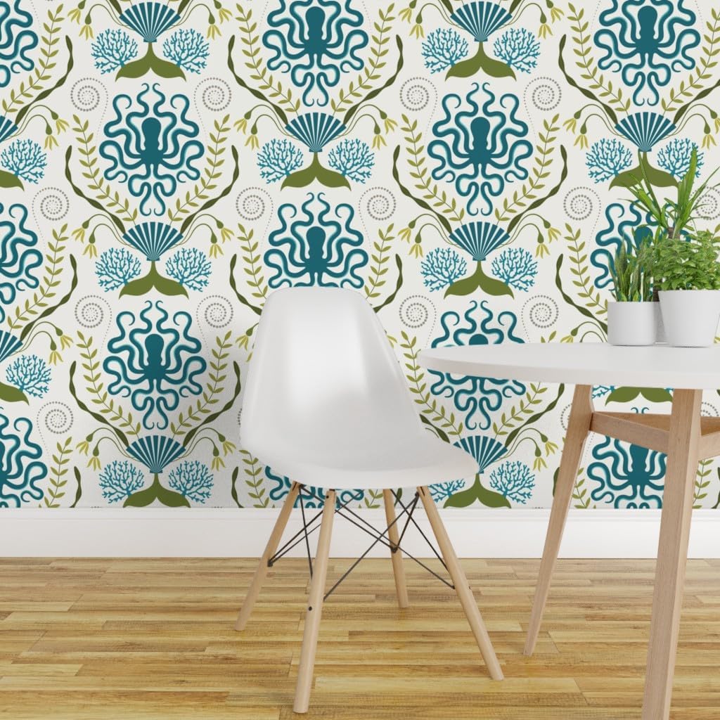 Removable Wallpaper 12ft x 2ft - Nautical Damask White Octopus Shells Custom Pre-Pasted Wallpaper by Spoonflower