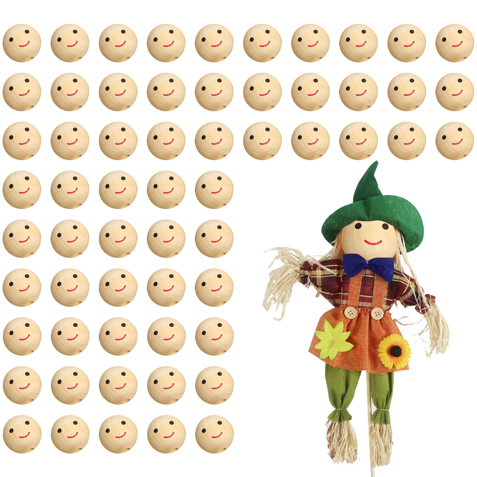 40PCS Wooden Smile Face Beads - 20mm Round Craft Beads For Jewelry Making & DIY Projects
