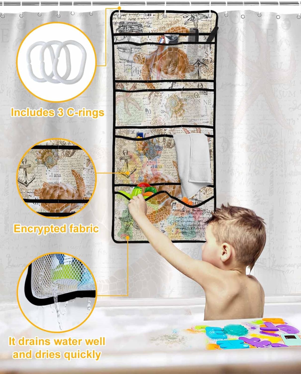 Shower Curtains for Bath Shower Organizer Set, Summer Ocean Turtle Seashell Starfish Vintage Sailing Boat Waterproof Shower Curtain, 10 Pockets Mesh Wall Hanging Storage Moisture Bag Accessory, 36x78