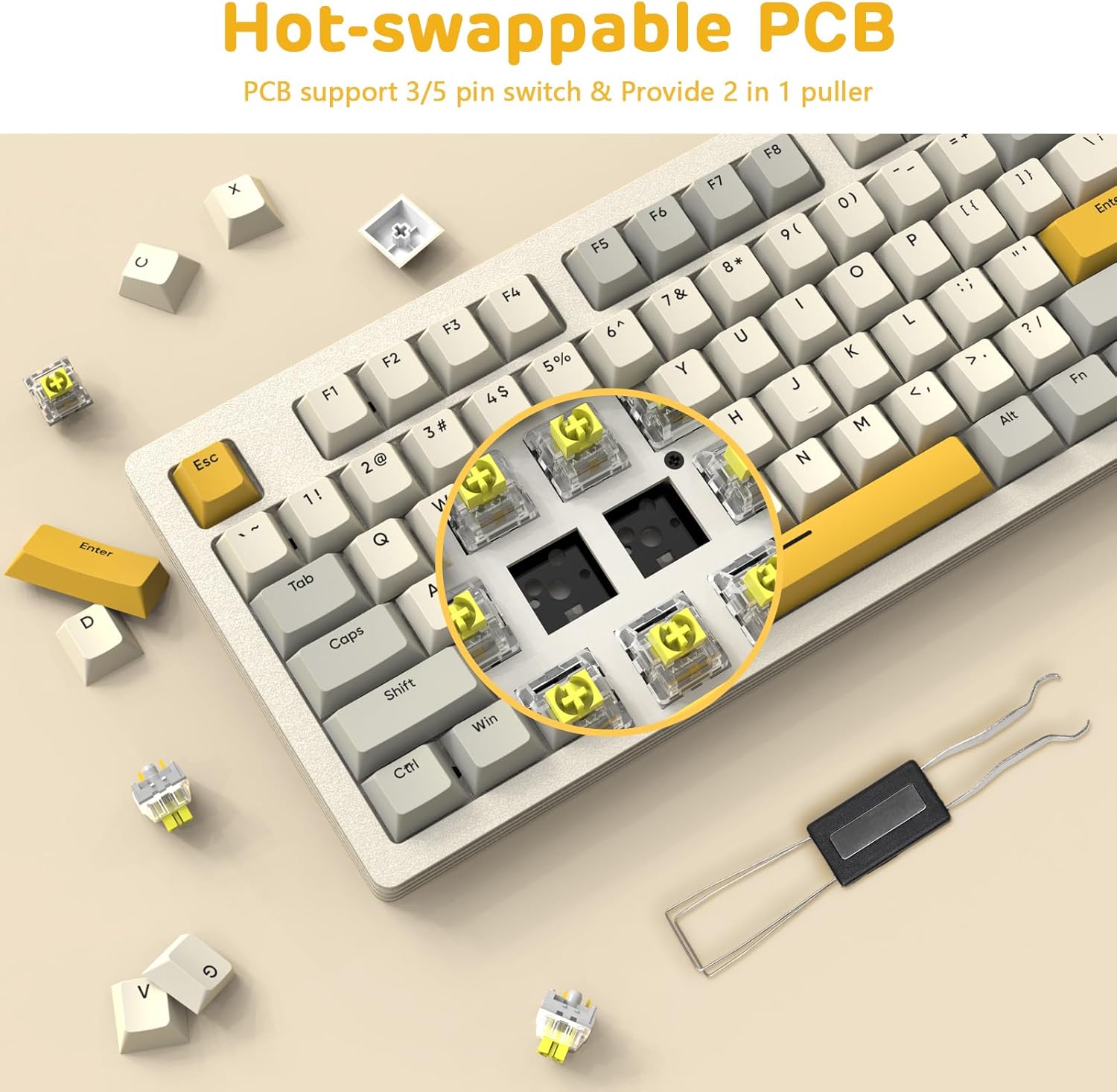 A.JAZZ AKC087 Mechanical Keyboard, Tri-Mode Wireless, Multi-Layer Metal Base, Compact 87 Keys TKL Layout, Retro Tricolor, Hotswappable RGB, for Win/Mac