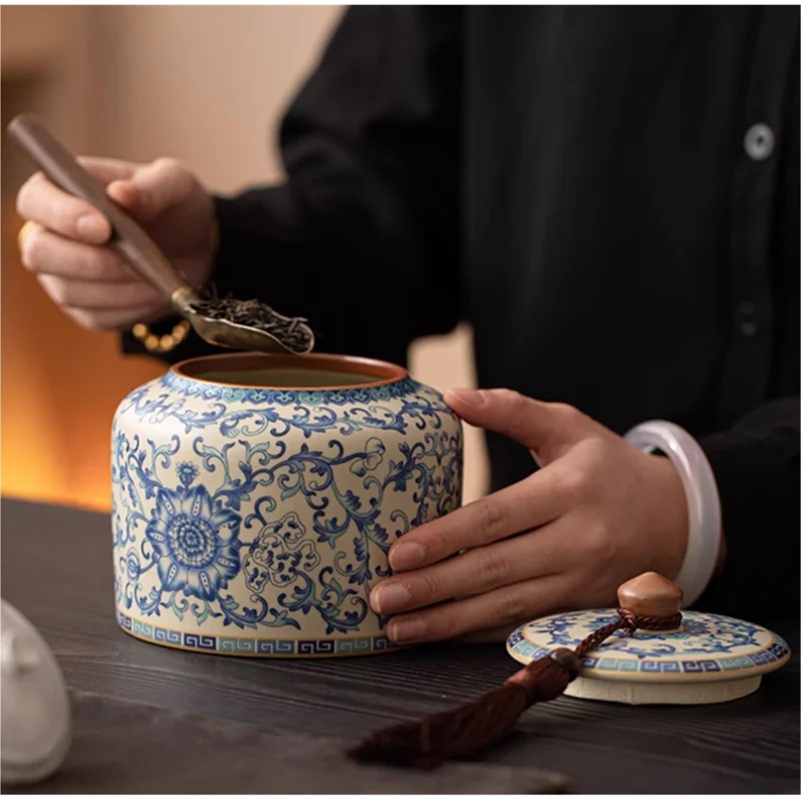Lata De Té De Cerámica Tarro de hoja té cerámica, porcelana azul y blanca, caramelo, multifuncional, hogar, café, grano, nuez, hierba
