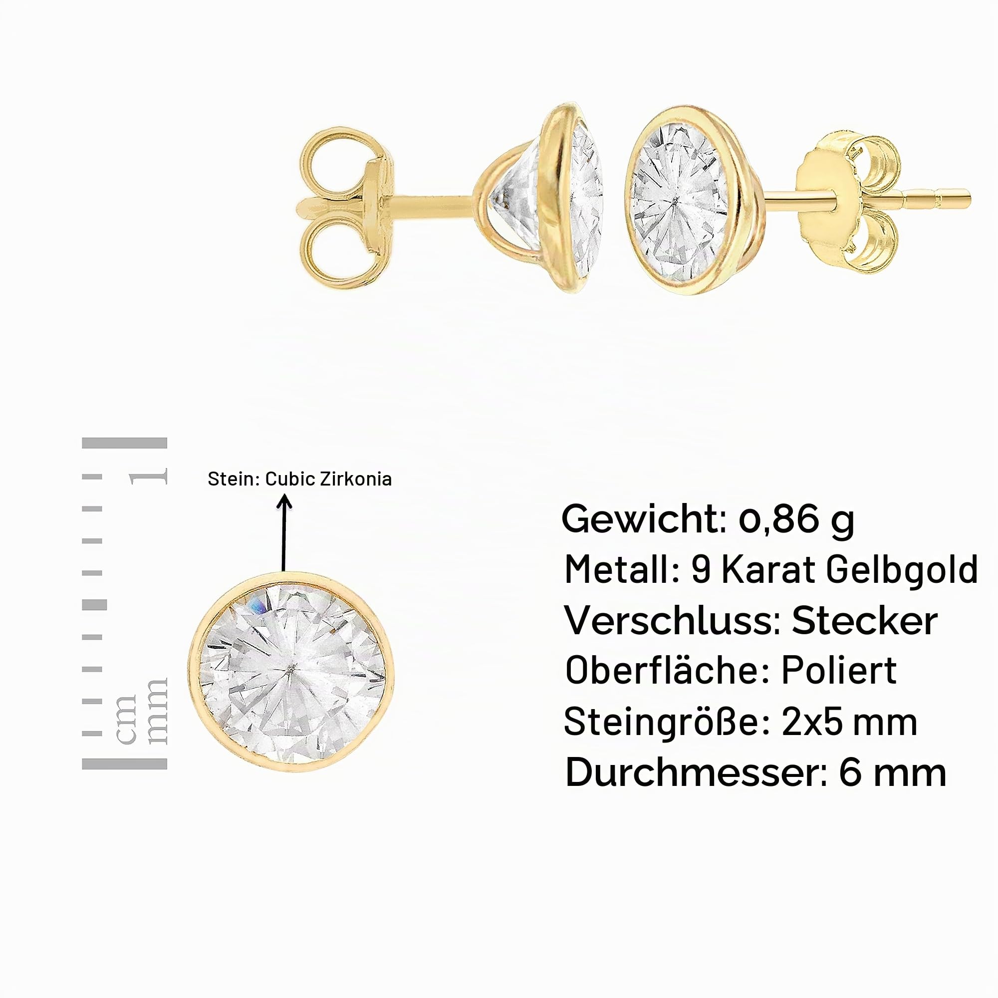 Damen 9k (375) Gelbgold Rund Cubic Zirkonia Poliert Ohrstecker