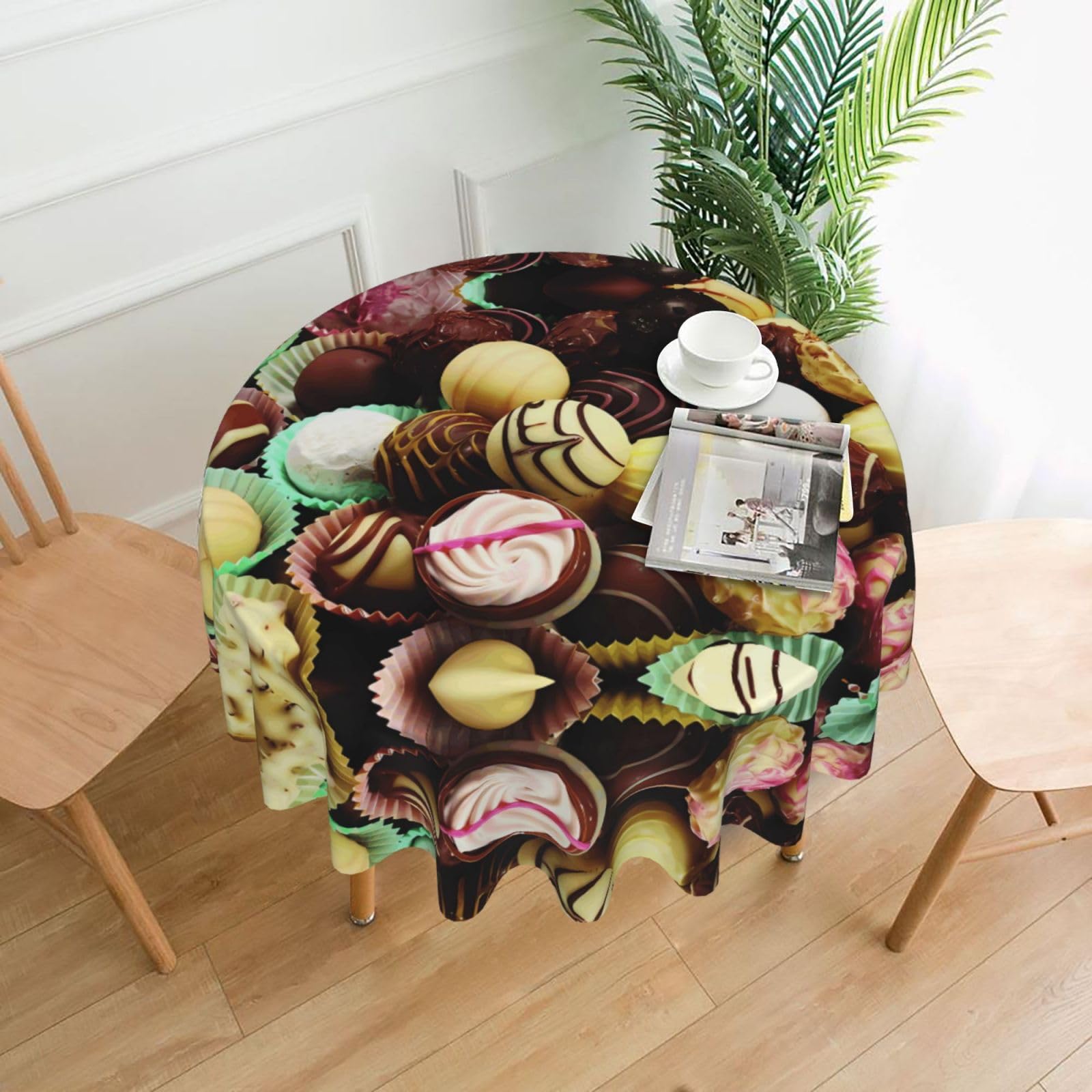 HJFCZH Chocolate Prints Round Decorative Table Throw 60 Inch – High-Grade Polyester Fabric, Waterproof & Wrinkle Resistant Table Cover for Dining, Coffee Tables, Parties