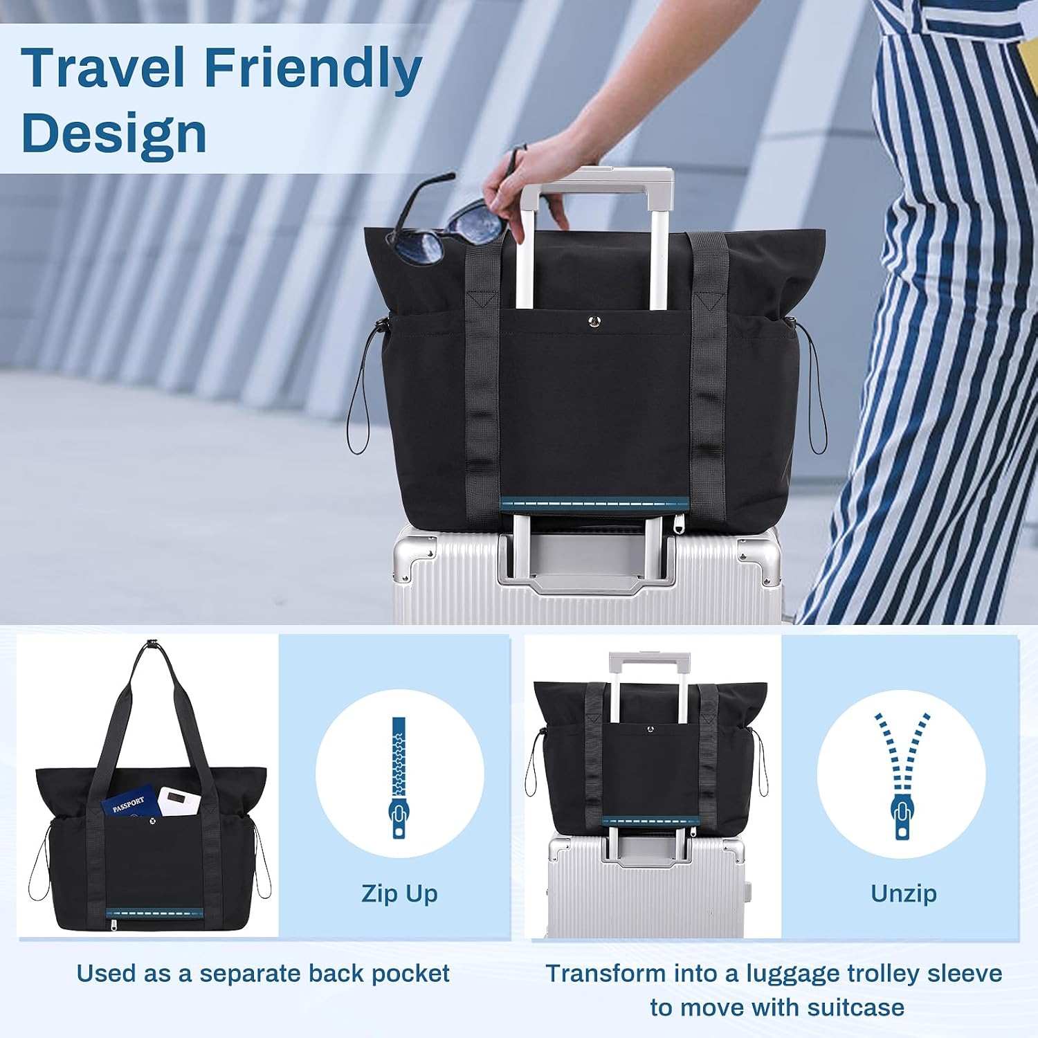 Travel Tote Bag, Multi Pocket Work Tote Bags for Women Fits 15.6'' Laptop Shoulder Bag with Zipper Shopping Bag - Image 7