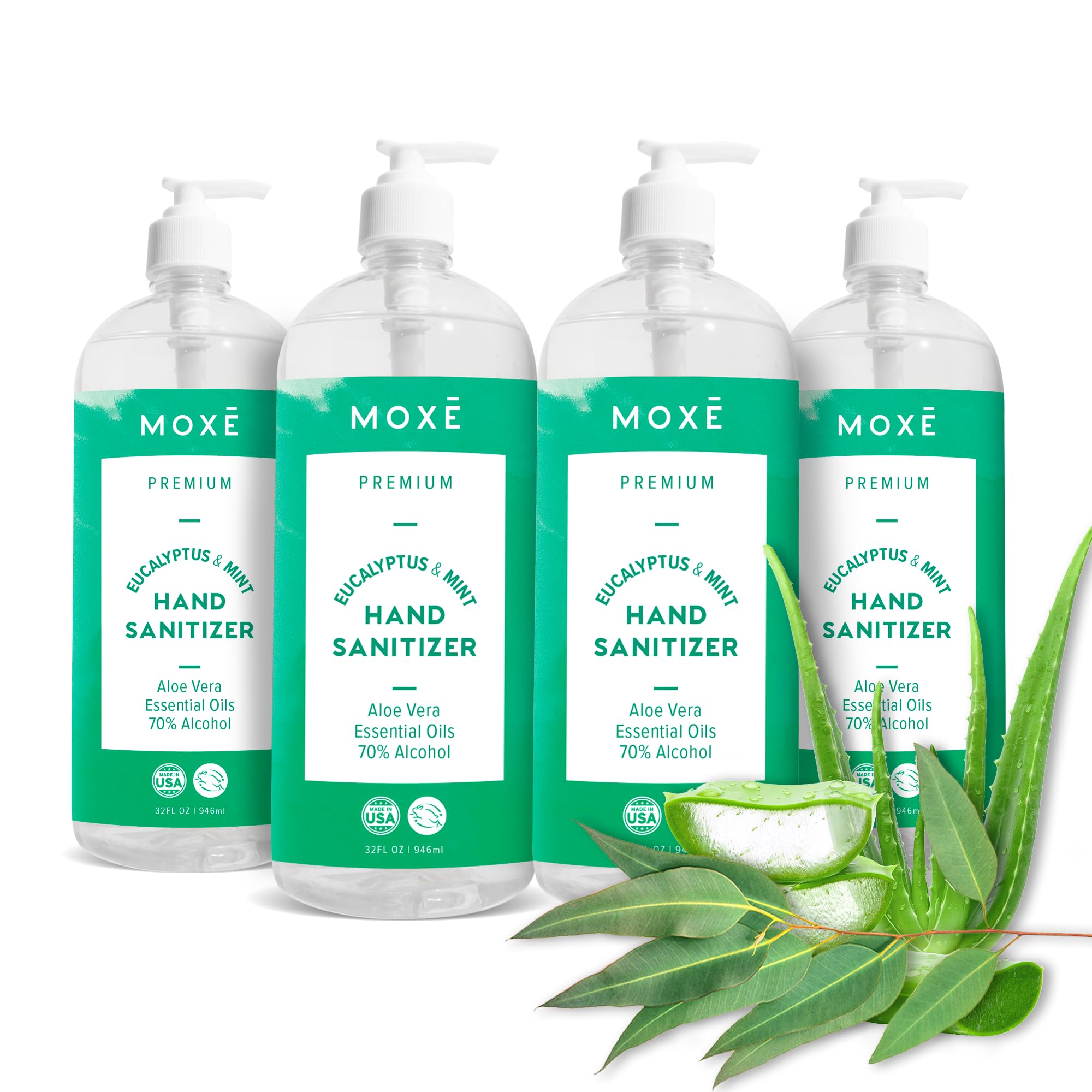 MOXE Premium Eucalyptus & Mint Hand Sanitizer Value Pack - Calming Moisturizing Waterless Antiseptic Cleanser with 70% Ethyl Alcohol, Aloe Vera & Essential Oils - Fights Germs & Bacteria - 4 x 32oz