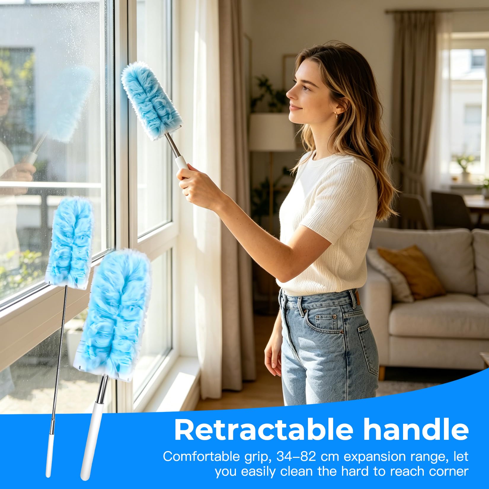 12 Pcs Recambio Plumero Atrapapolvo Recambios Kit, Paños de Repuesto con Imán para Polvo, Plumero Plano Extensible de 360°, para Pelo de Mascotas y Suciedad (10 Paños, 2 Mango Telescópico)