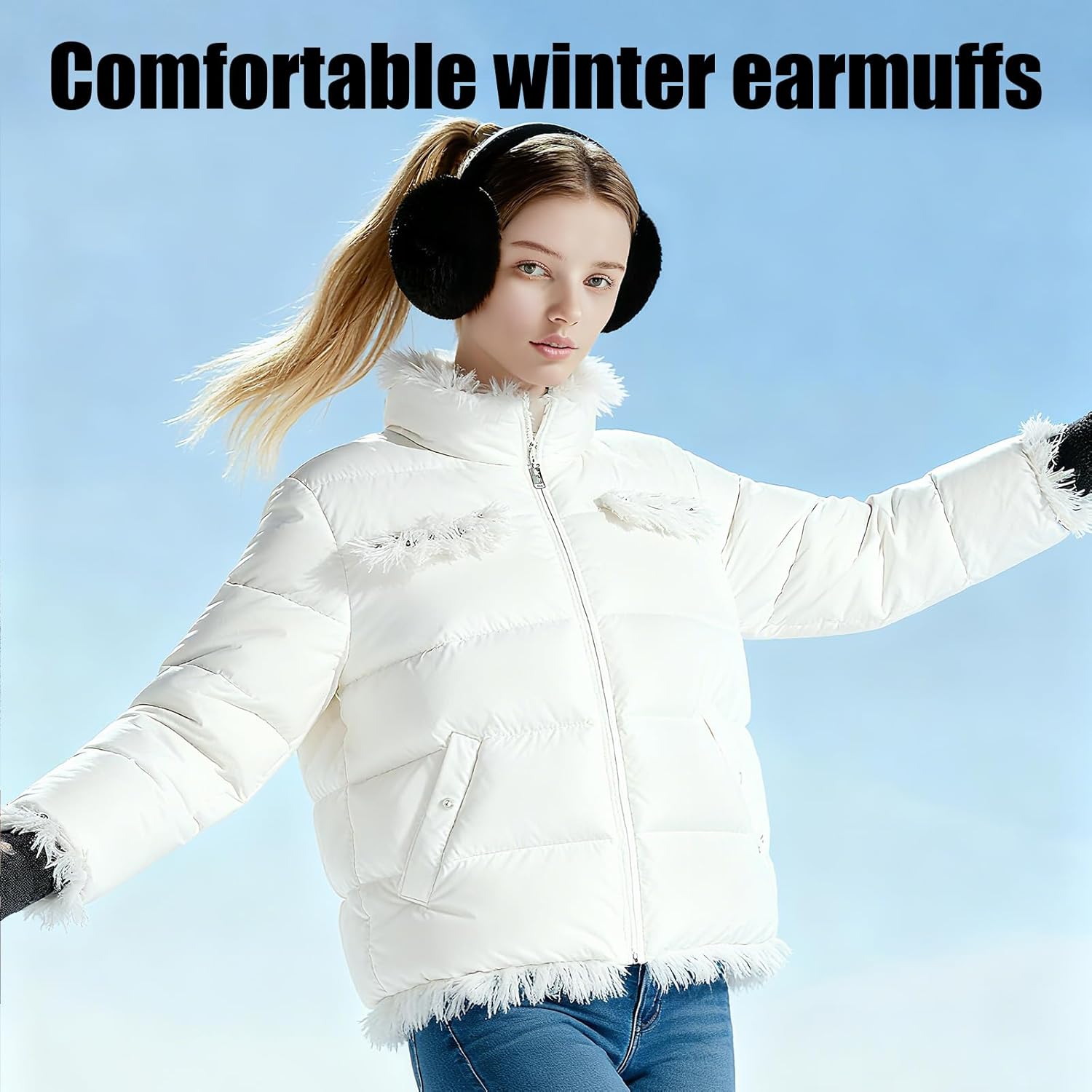 2 Pcs Earmuffs, Foldable Winter Warm Korean Style Ear Muffs for Women Men, Cute Faux Fur Thick Plush Ear Warmers for Cold Weather Outdoor Student Black White - Image 7