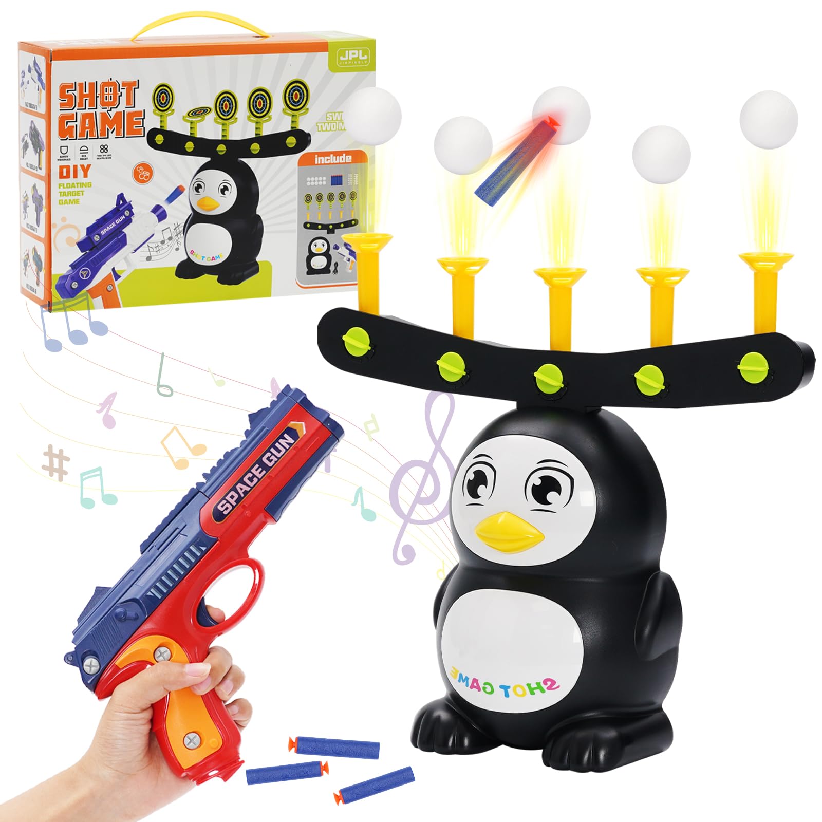 Pistola Giocattolo Hover per Bersaglio Nerf, Gioco di Tiro con 2 Modalità di Gioco, Funzione Musicale, 6 Dardi in Schiuma Morbida e 10 Palline in Schiuma, Regalo per Bambini da 3 Anni In Su