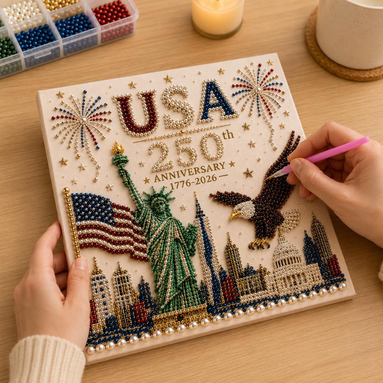 Patriotic Diamond Painting Kit, USA 250th Anniversary DIY Pearl Art Craft with Statue of Liberty Eagle Flag Design, 8 x 8 in, 1 Pack image 4
