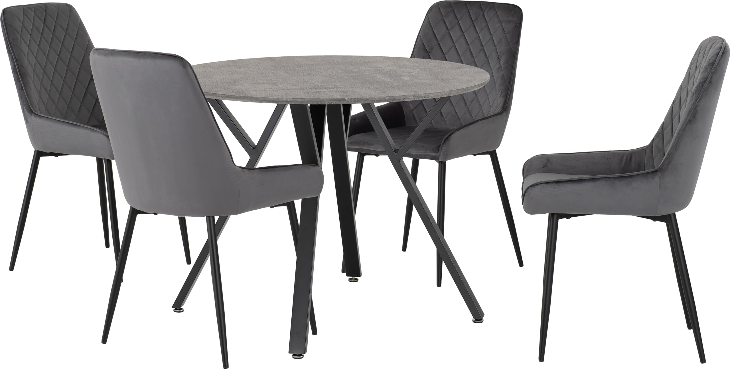 Seconique Athens Round Dining Table & Avery Grey Velvet Chairs Set - Concrete Top, 4 Seater