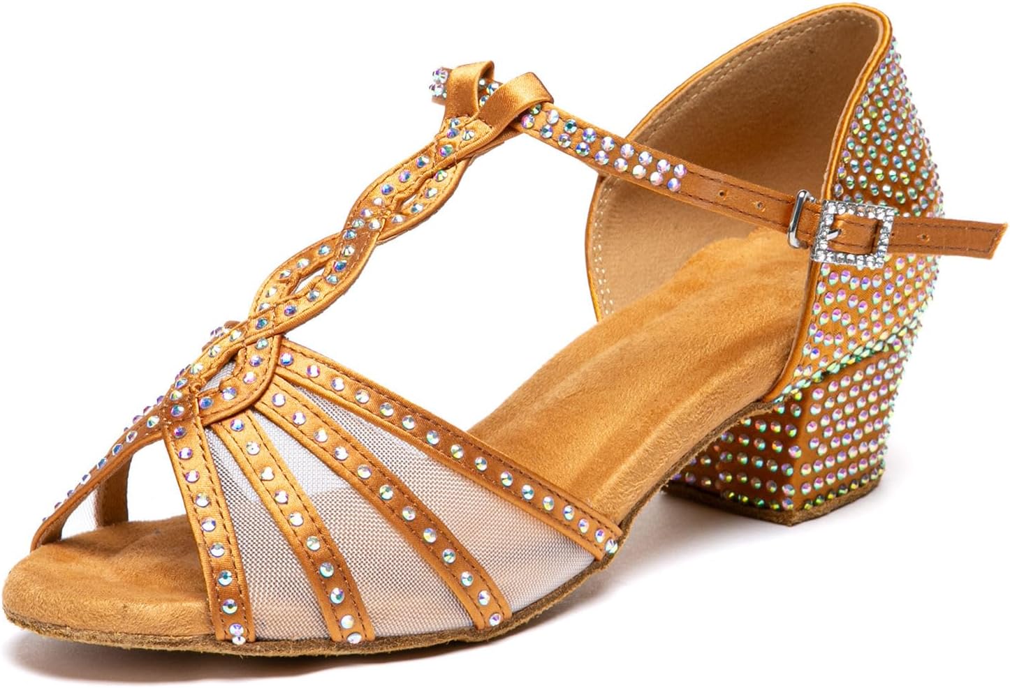 Women's Latin Dance Shoes with Rhinestones Open Toe Ballroom Salsa Professional Wedding Dancing Heels Suede Sole