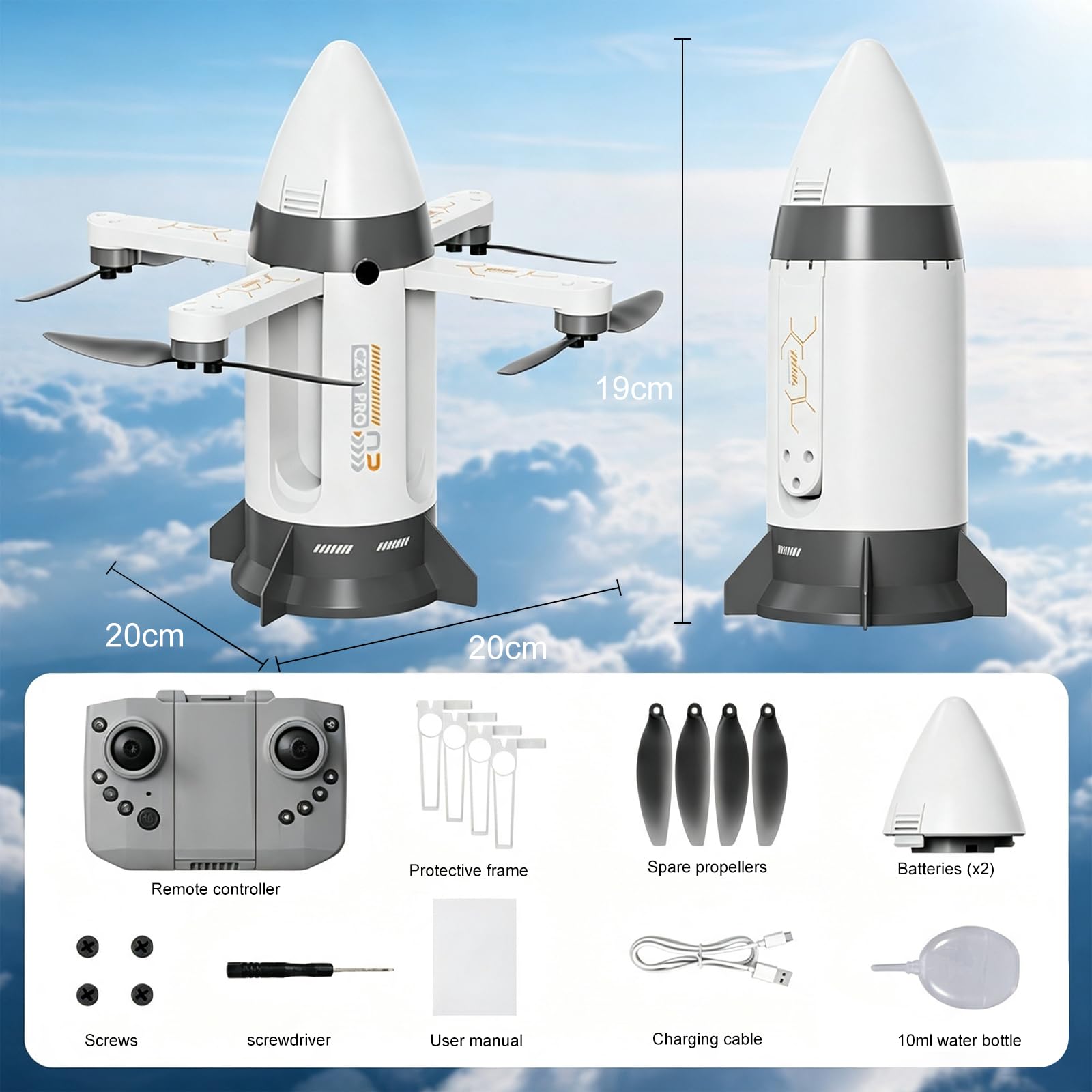 Fernbedienung Rakete Stil Drohne Kinder Spielzeug, Remote Control Drone | Spray und LED Leuchten, Bürstenloser Motor, 2 Akku, Start/Landung mit Einem Klick, 2.4GHz RC Flugzeuge Drinnen Draußen