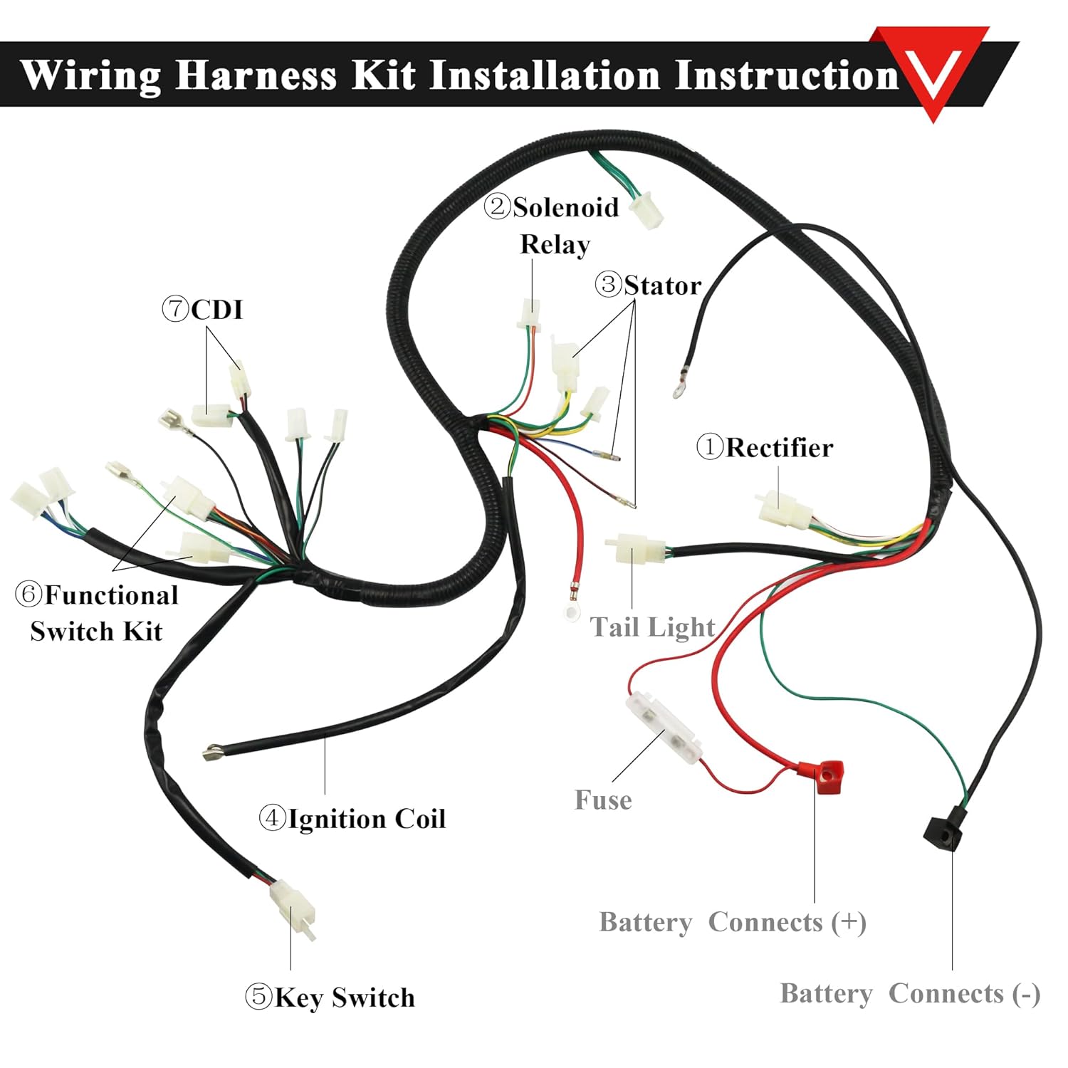 PRO BAT GY6 Full Electrics Wiring Harness W/O Waterproof Cap CDI Coil Solenoid GY6 125cc 150cc 200cc 250cc Chinese Elecric Start Kandi ATV Quad Bike Buggy Go Kart Scooter Moped